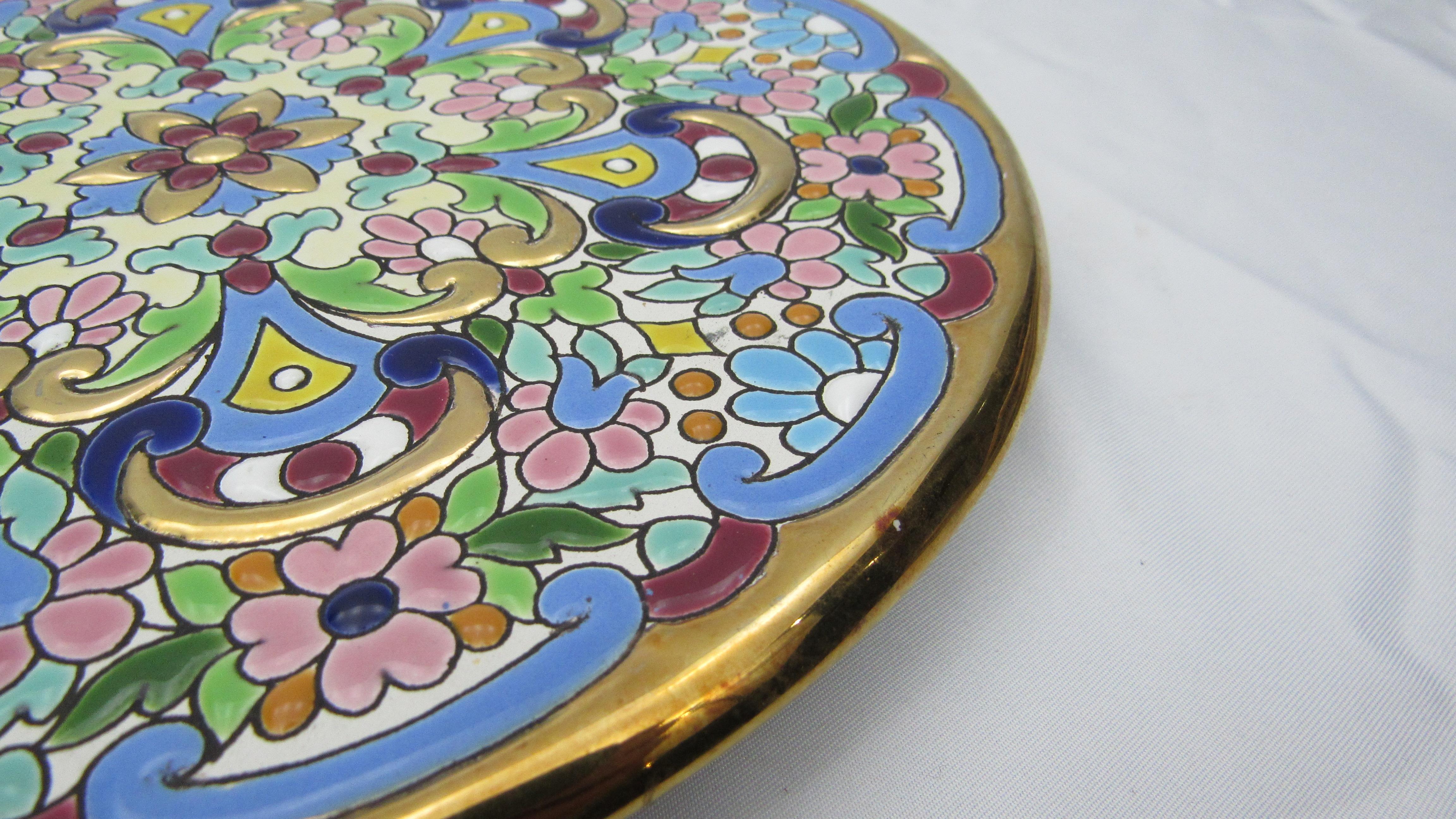 Spanish Colonial L Moreno Sevillarte Enameled Cake Plate with 24 Karat Gold Blue Green Pink For Sale