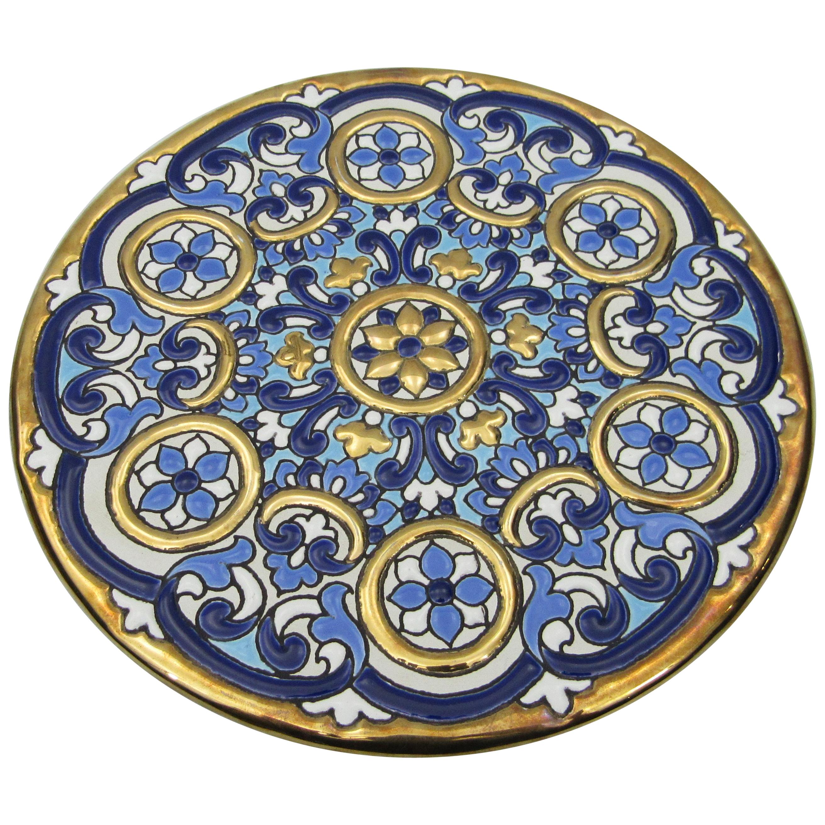L Moreno Sevillarte Enameled Cake Plate with 24 Karat Gold Diameter Blue Gold For Sale
