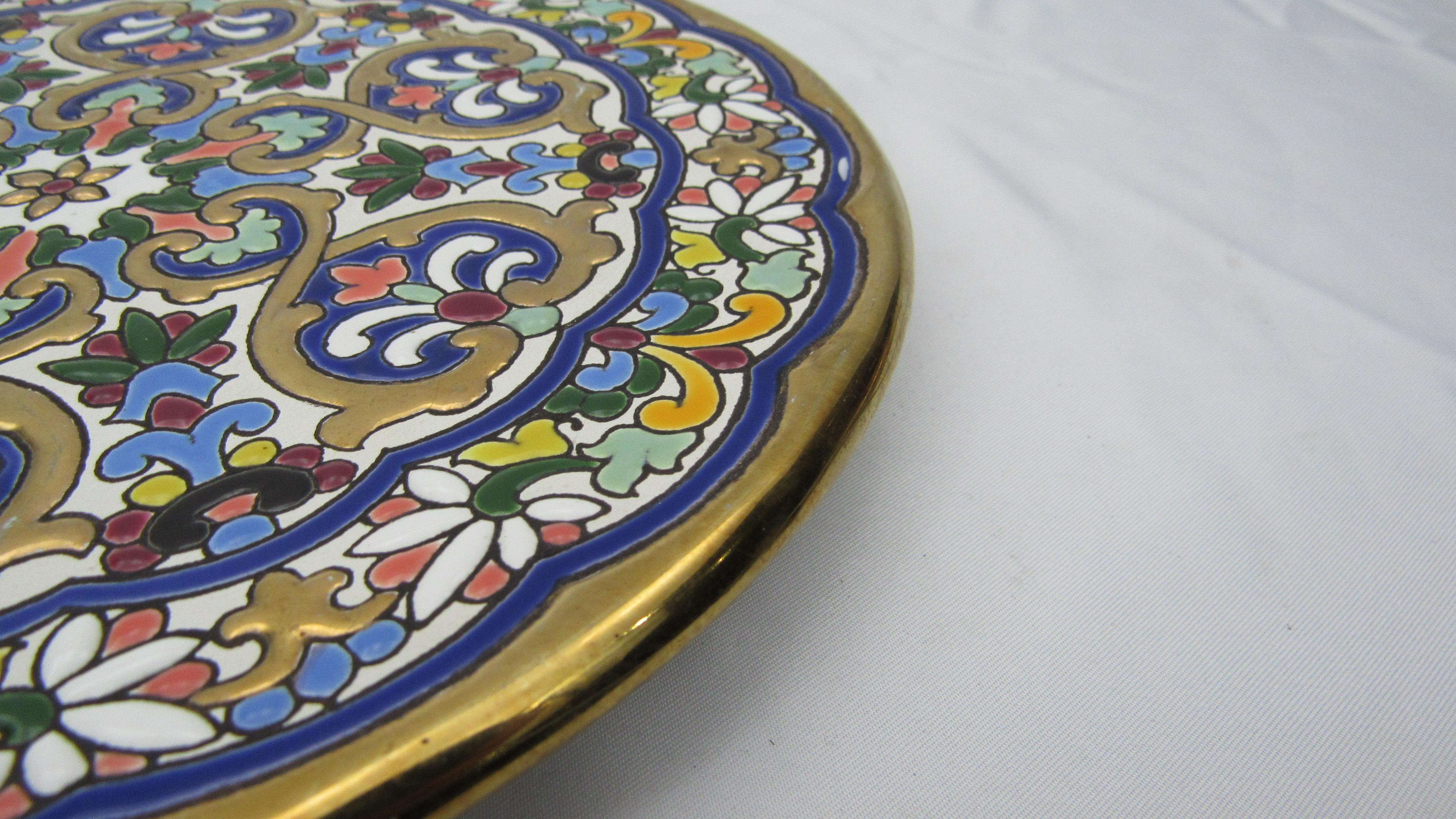 Colonial espagnol Assiette à gâteau L Moreno Sevillarte émaillée en or bleu-gris 24 carats en vente