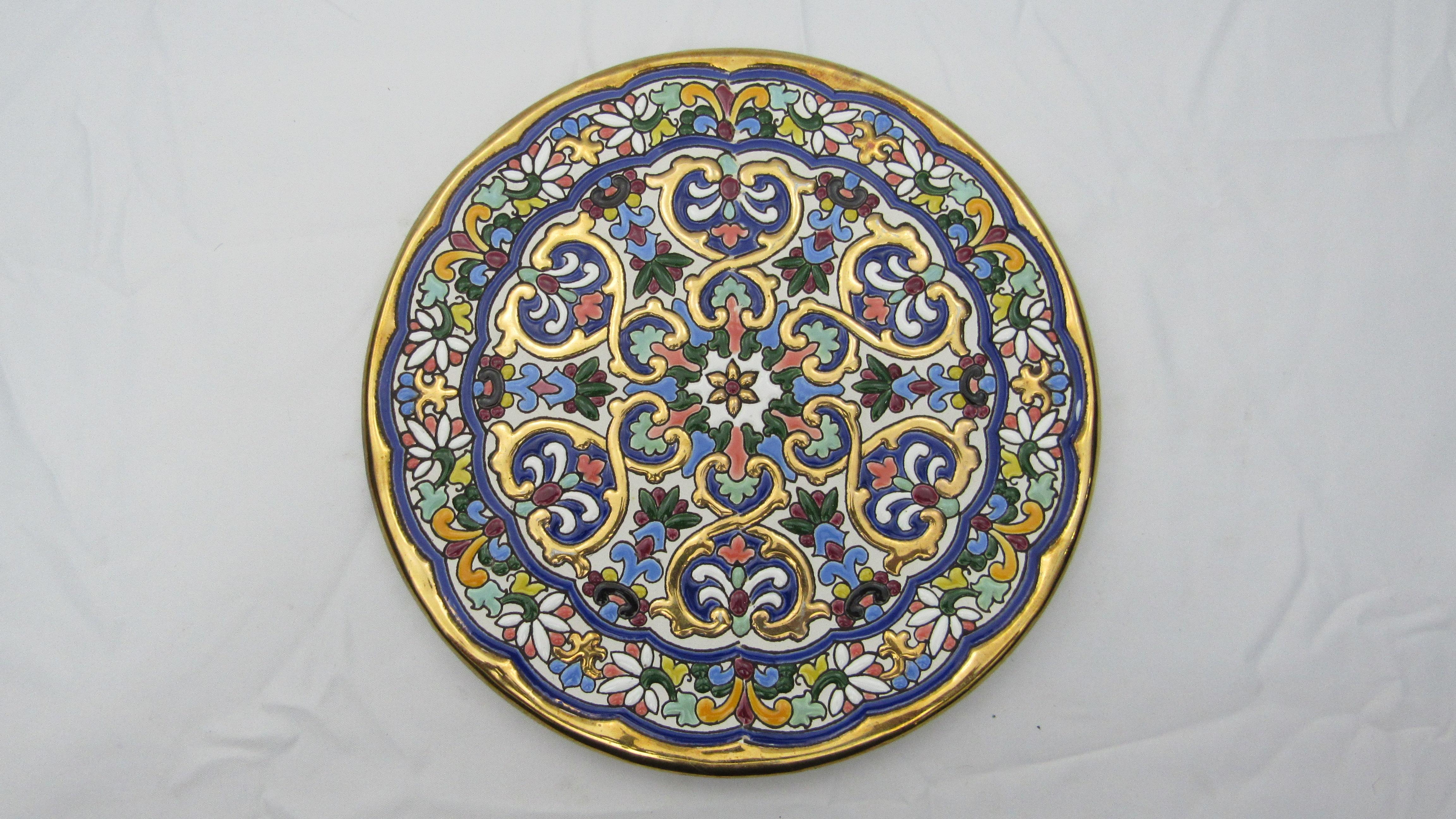 Espagnol Assiette à gâteau L Moreno Sevillarte émaillée en or bleu-gris 24 carats en vente