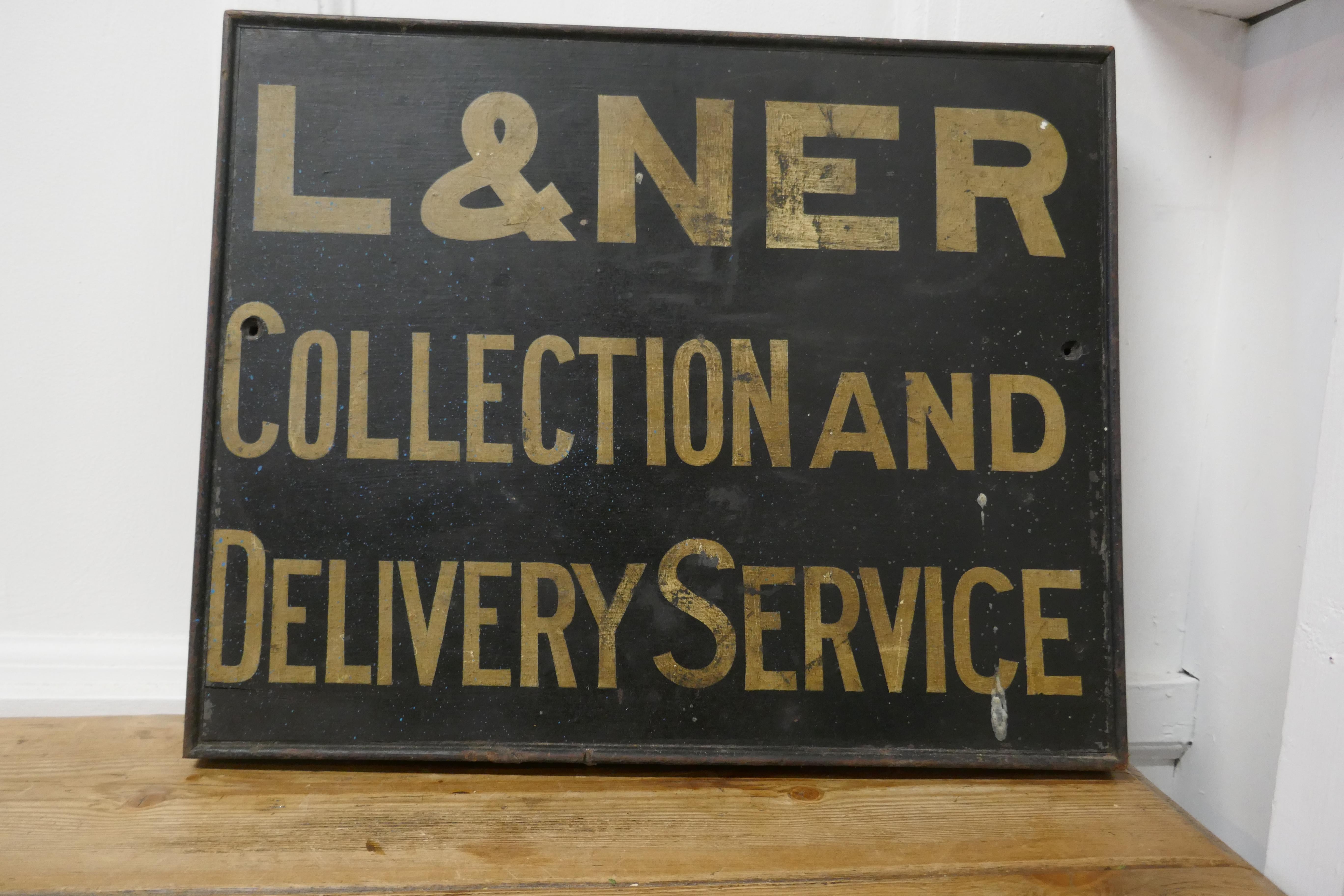 L & N E R Wooden Railway Sign

This great British Railway sign is a piece of History, dating from the 1930s the sign is painted on a framed wooden board. The sign reads “L & N E R COLLECTION AND DELIVERY SERVICE”
The sign is in good weathered