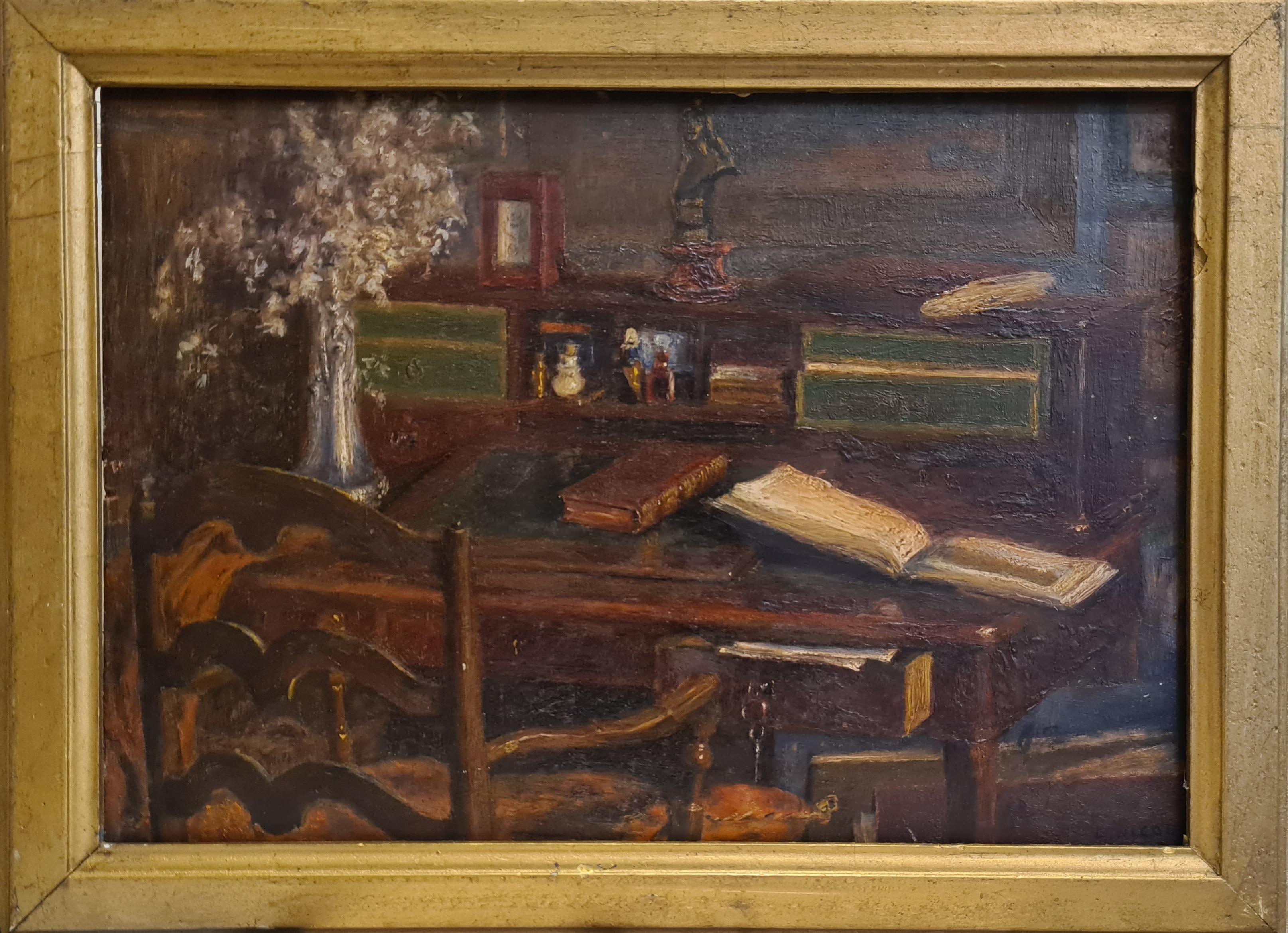 Le Bureau, Charming French Interior Scene, Oil On Wood panel. - Painting by L Nicod