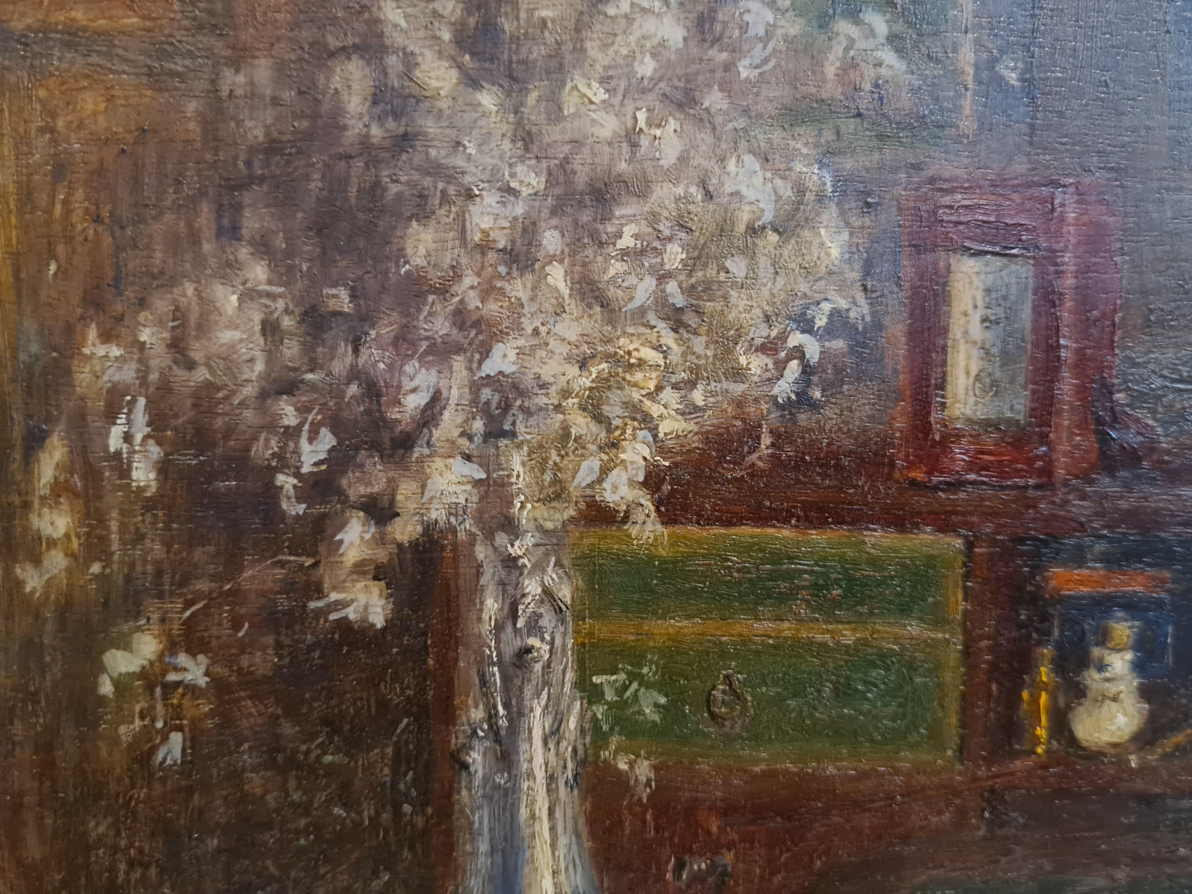 Le Bureau, Encantadora escena interior francesa, Óleo sobre tabla de madera. - Painting Romántico de L Nicod