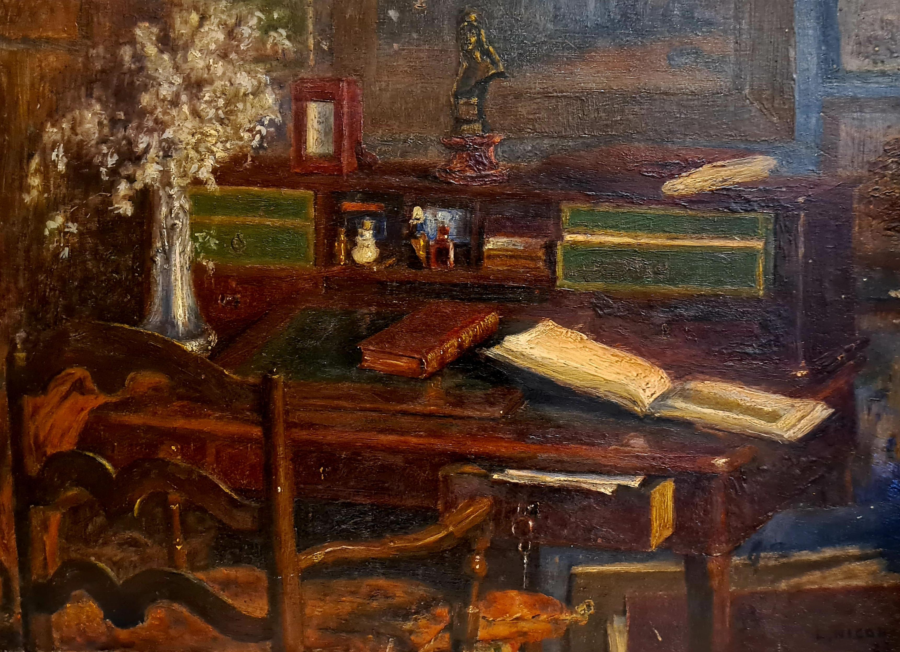 L Nicod Still-Life Painting - Le Bureau, Charming French Interior Scene, Oil On Wood panel.