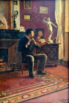 The Flautist, Late 19th Century Toulouse French Interior Scene, Oil on panel.
