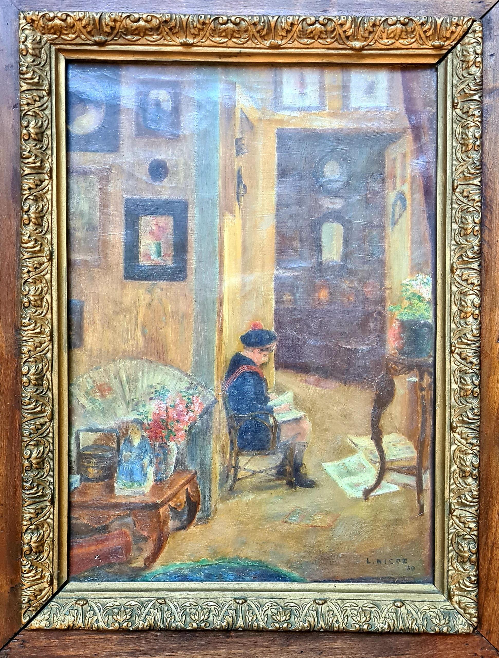 The Young Artist, Early 20th Century French Interior View, Chateau Vesoul - Painting by L Nicod
