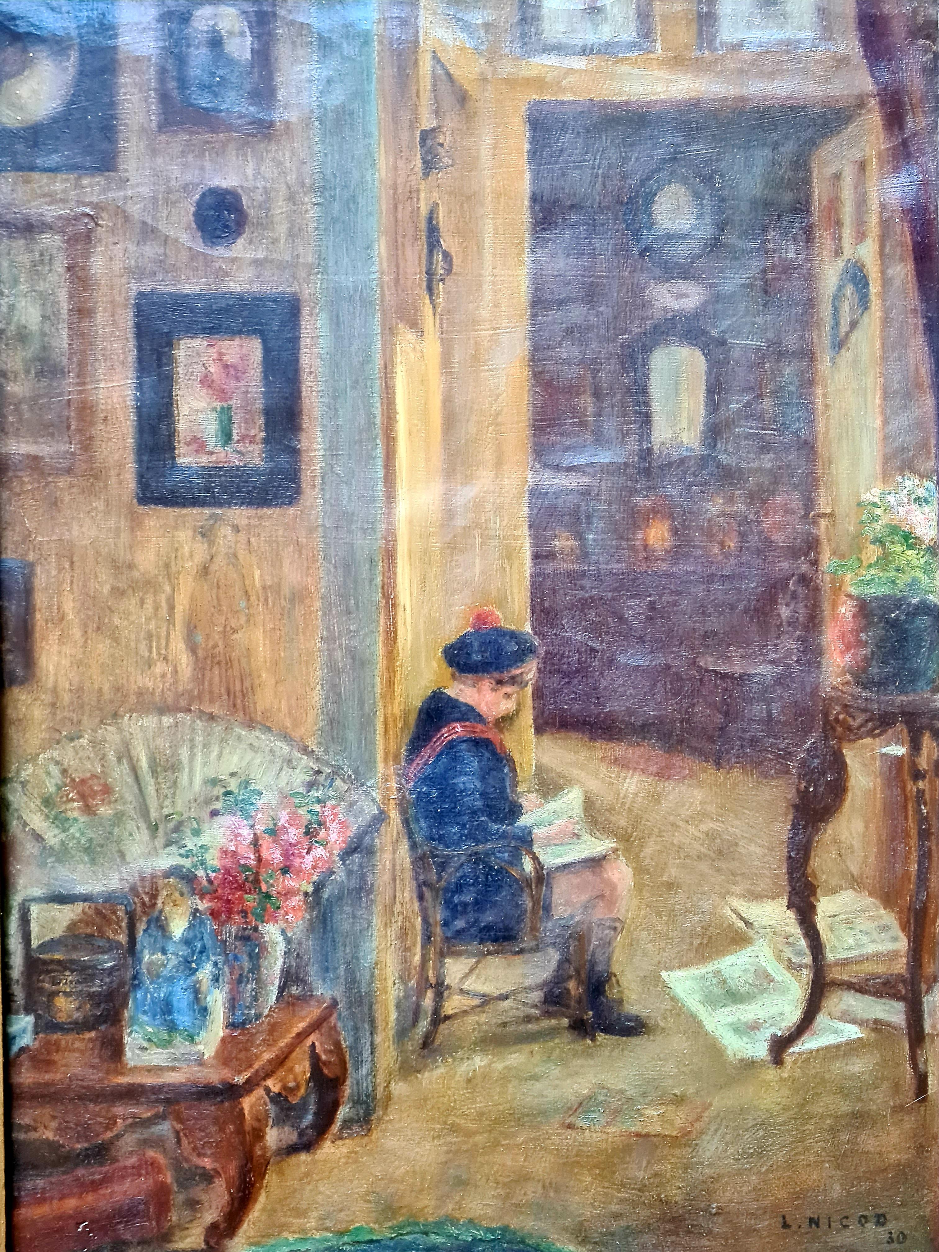The Young Artist, Early 20th Century French Interior View, Chateau Vesoul - Romantic Painting by L Nicod