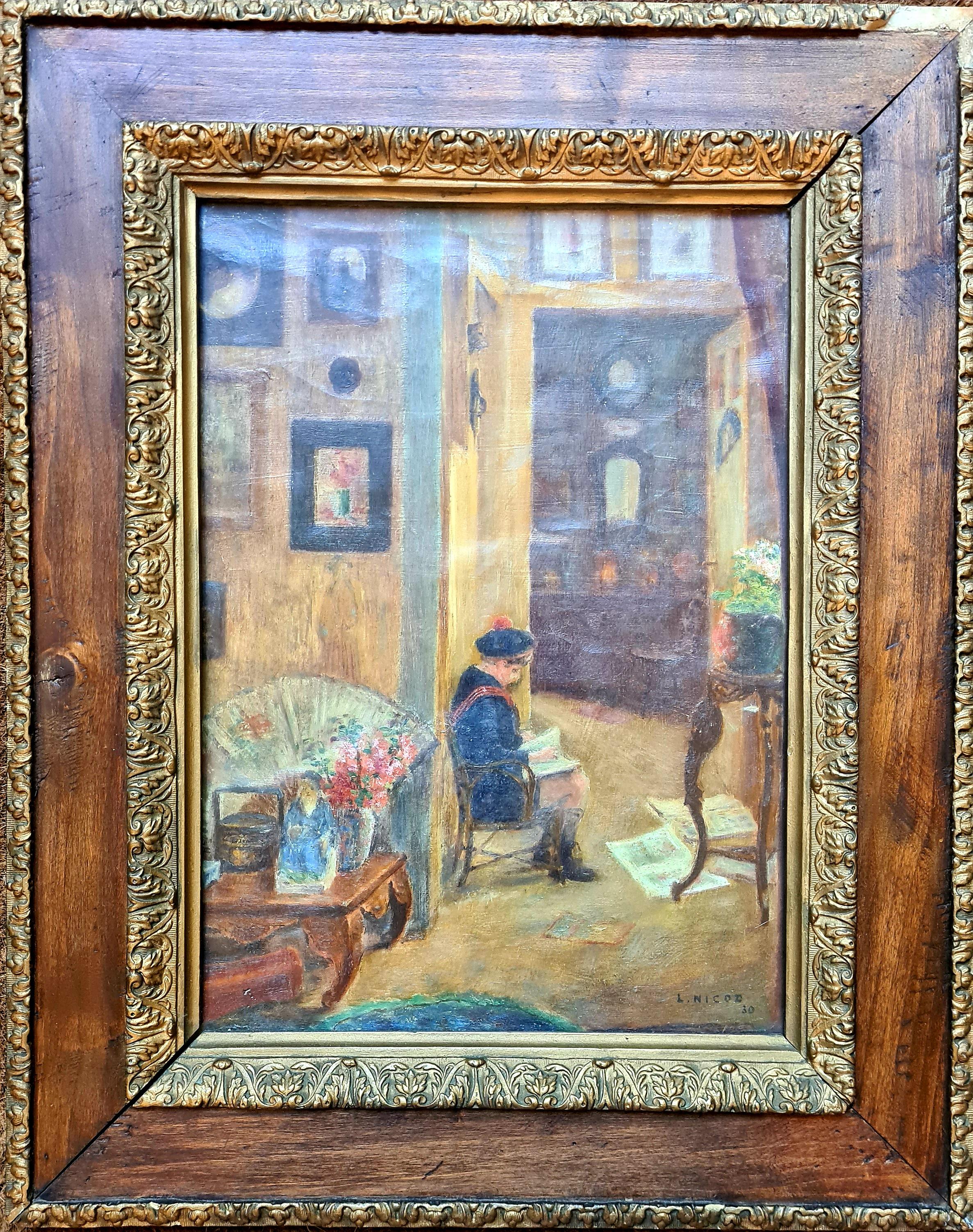 Early 20th Century French Chateau interior scene of a richly decorated salon with a small child sketching by L Nicod. Signed and dated bottom right with location on the rear back board. presented  in wood and gilt frame. We have another two works by
