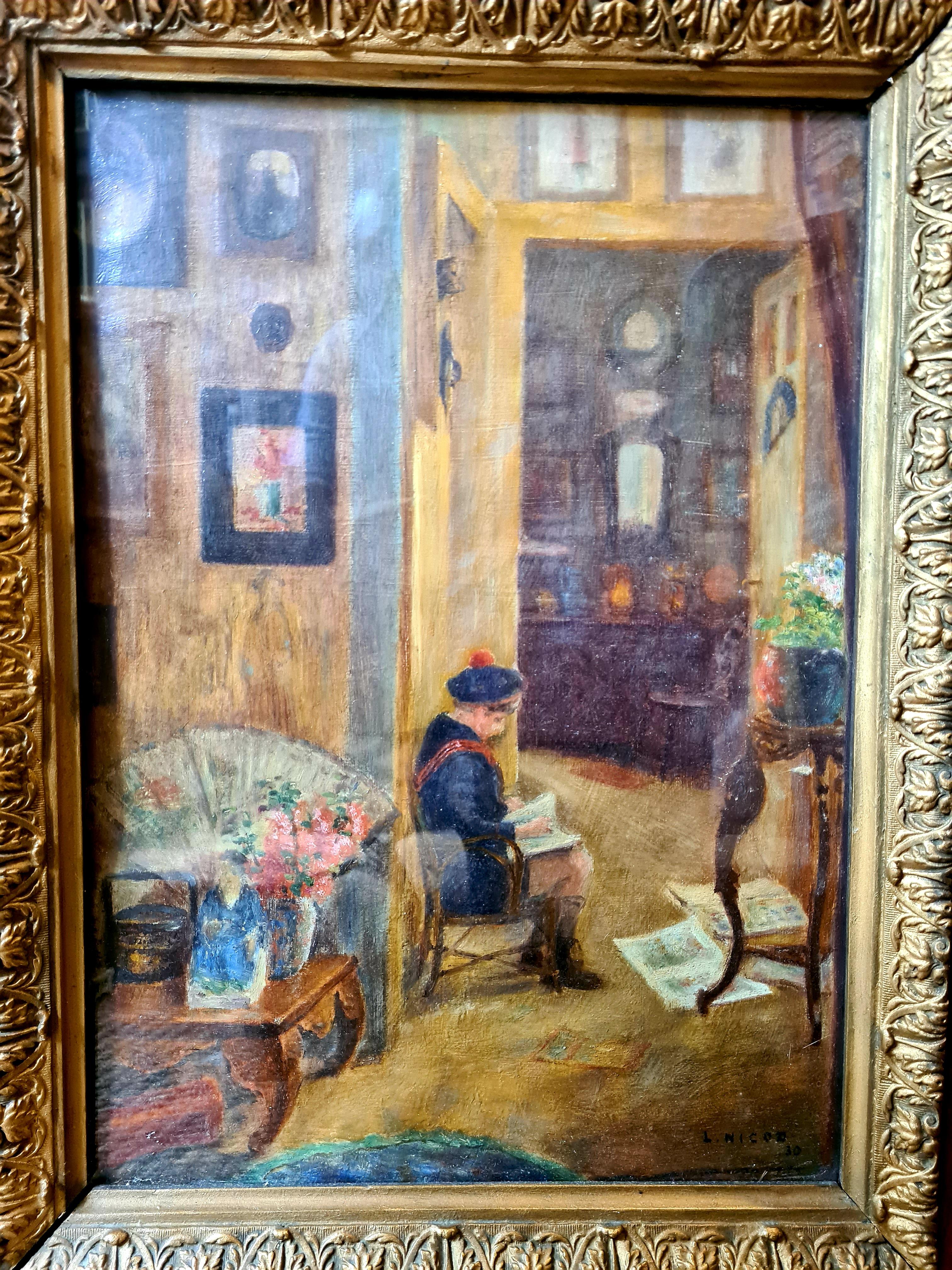 L Nicod Portrait Painting - The Young Artist, Early 20th Century French Interior View, Chateau Vesoul