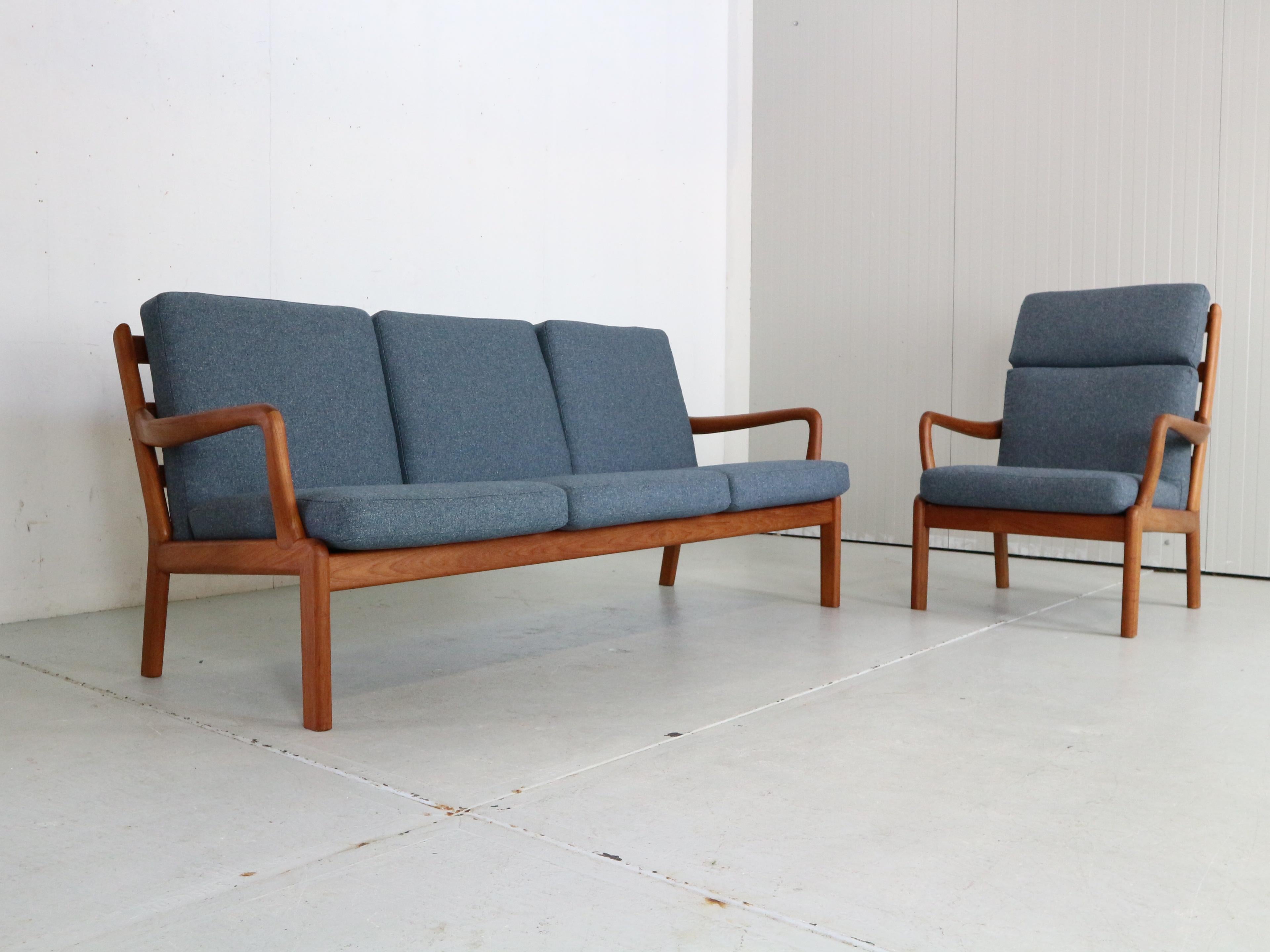L. Olsen& Son Newly Reupholstered Blue& Teak 3- Seater Sofa, 1960, Denmark For Sale 13