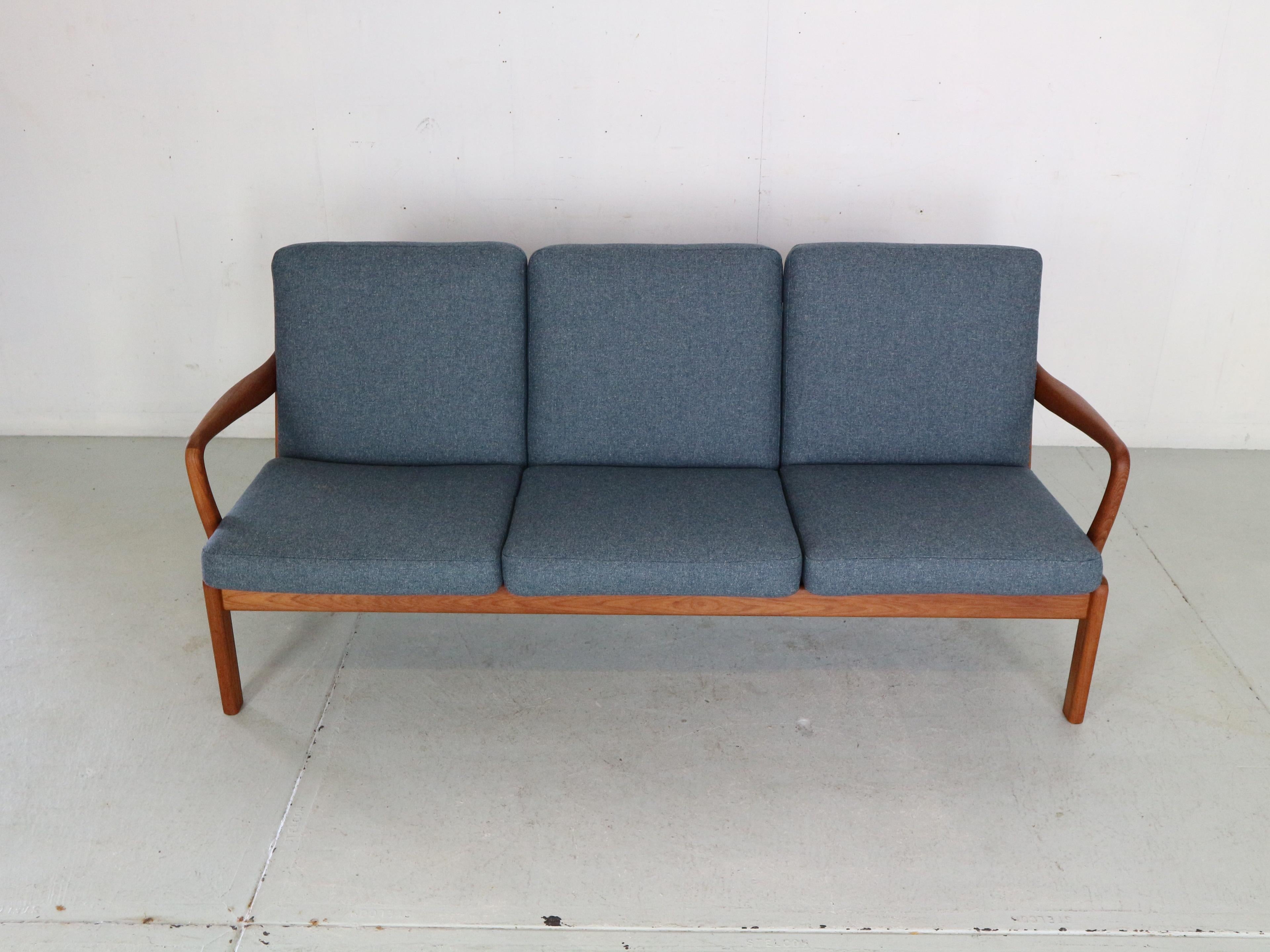 Scandinavian Modern L. Olsen& Son Newly Reupholstered Blue& Teak 3- Seater Sofa, 1960, Denmark For Sale