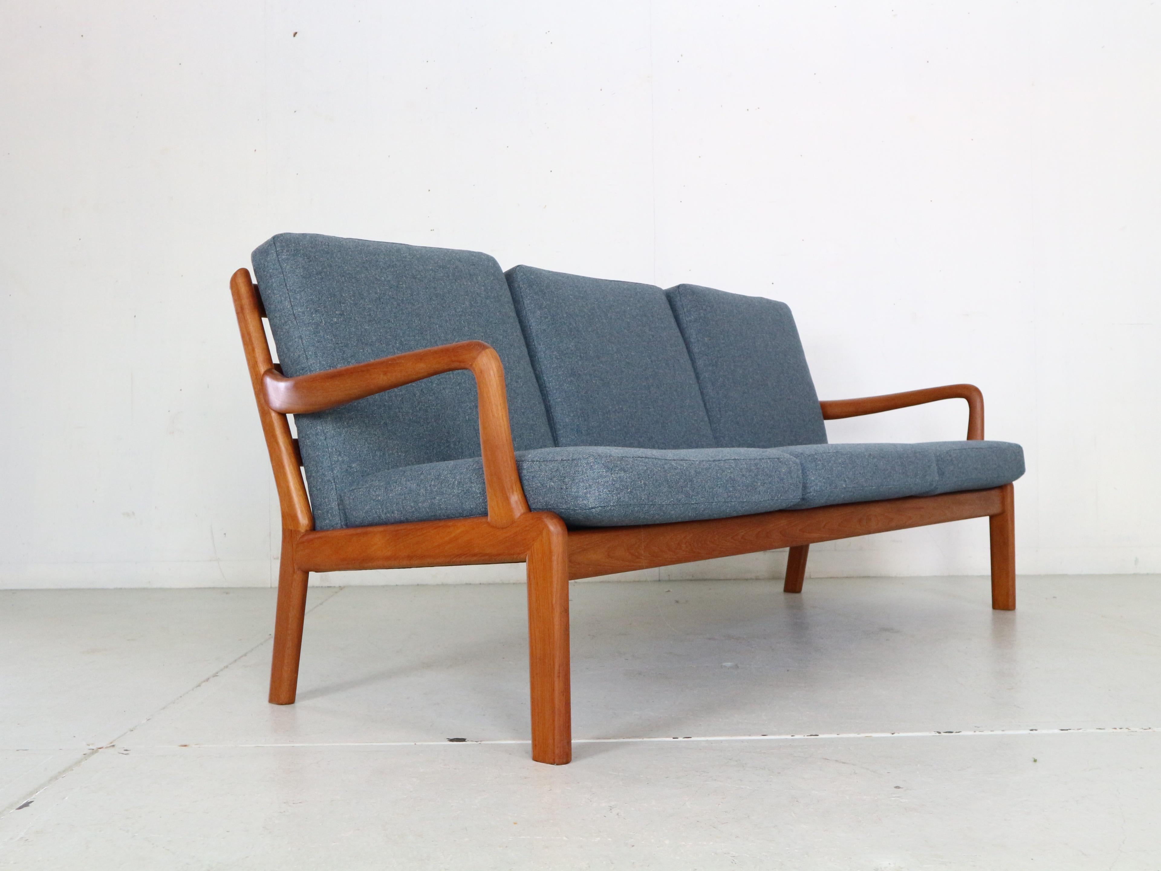 L. Olsen& Son Newly Reupholstered Blue& Teak 3- Seater Sofa, 1960, Denmark In Good Condition For Sale In The Hague, NL