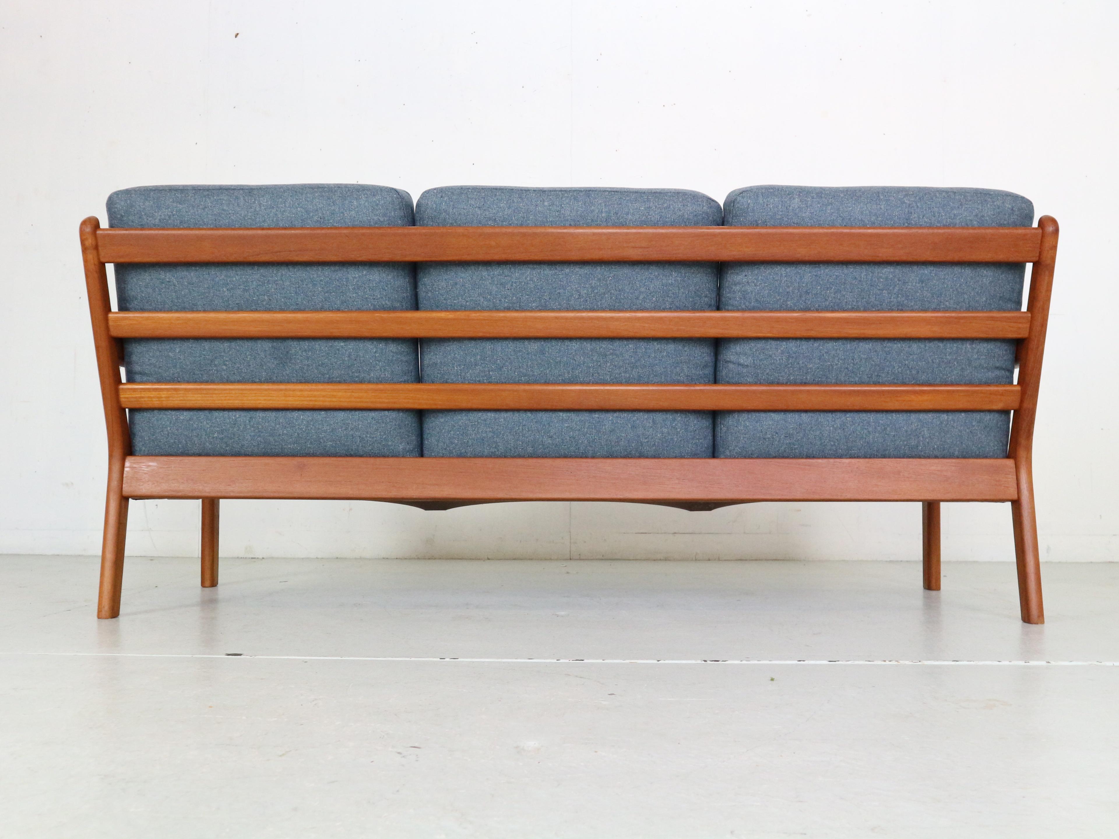 Wool L. Olsen& Son Newly Reupholstered Blue& Teak 3- Seater Sofa, 1960, Denmark For Sale