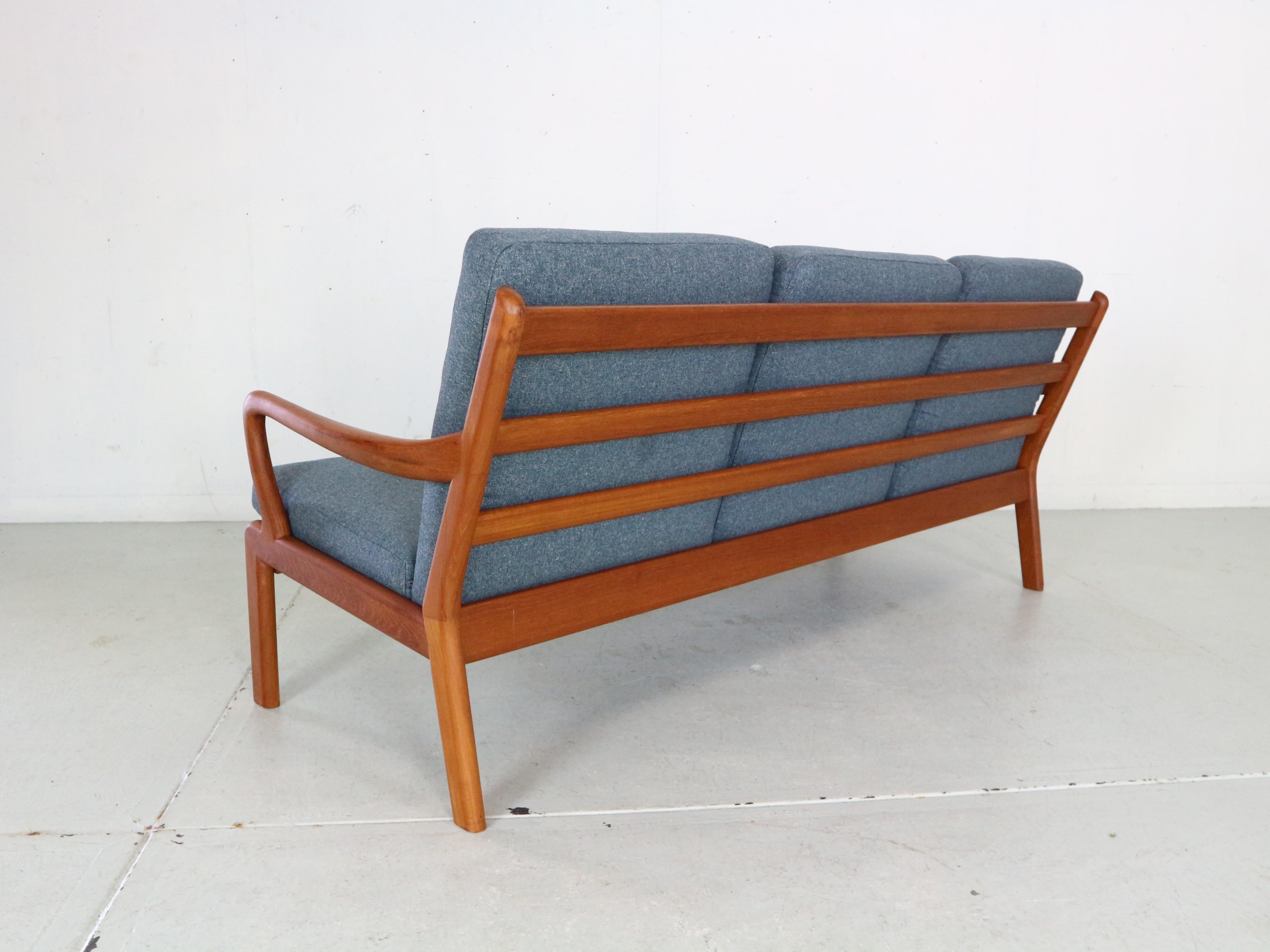 L. Olsen& Son Newly Reupholstered Blue& Teak 3- Seater Sofa, 1960, Denmark For Sale 1