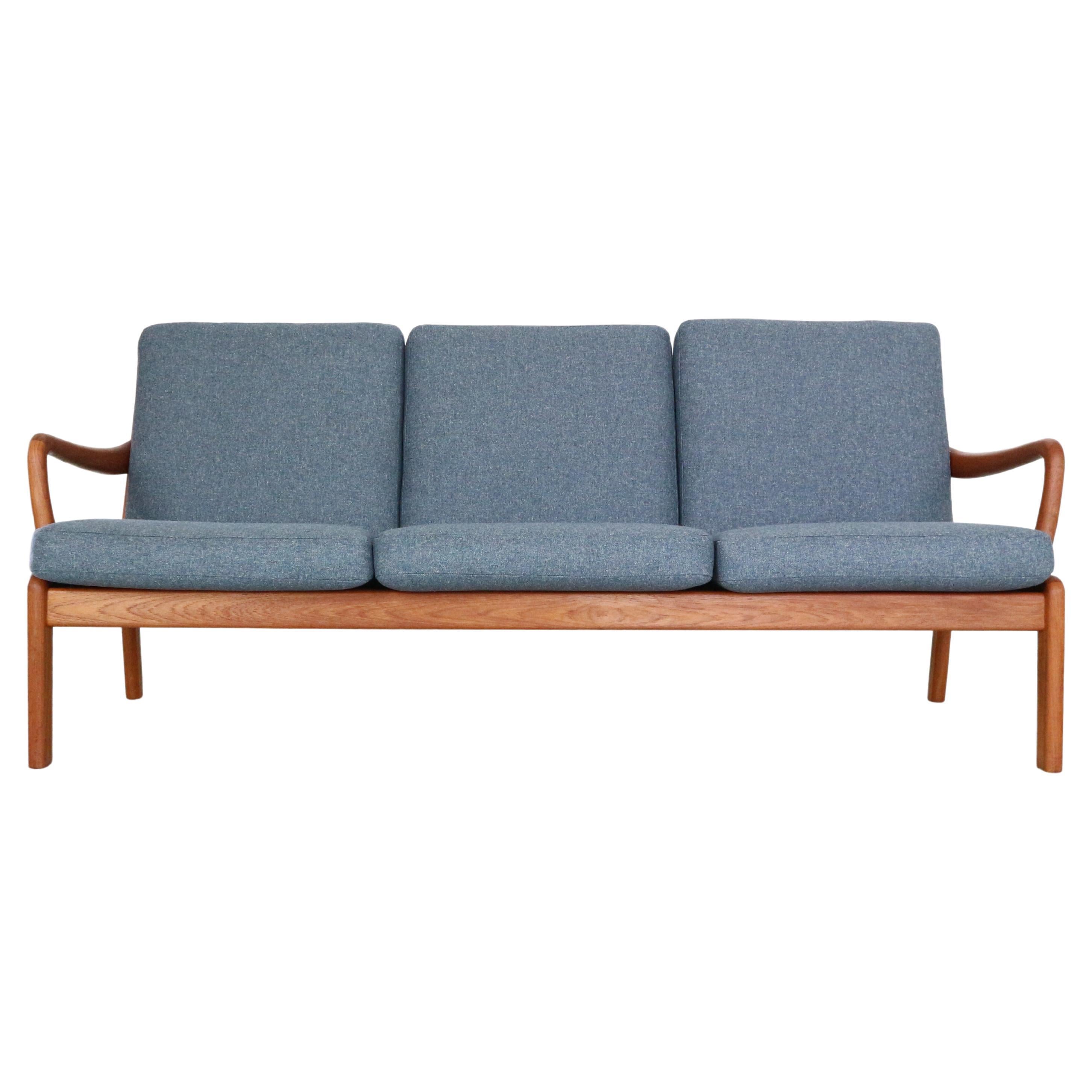 L. Olsen& Son Newly Reupholstered Blue& Teak 3- Seater Sofa, 1960, Denmark For Sale