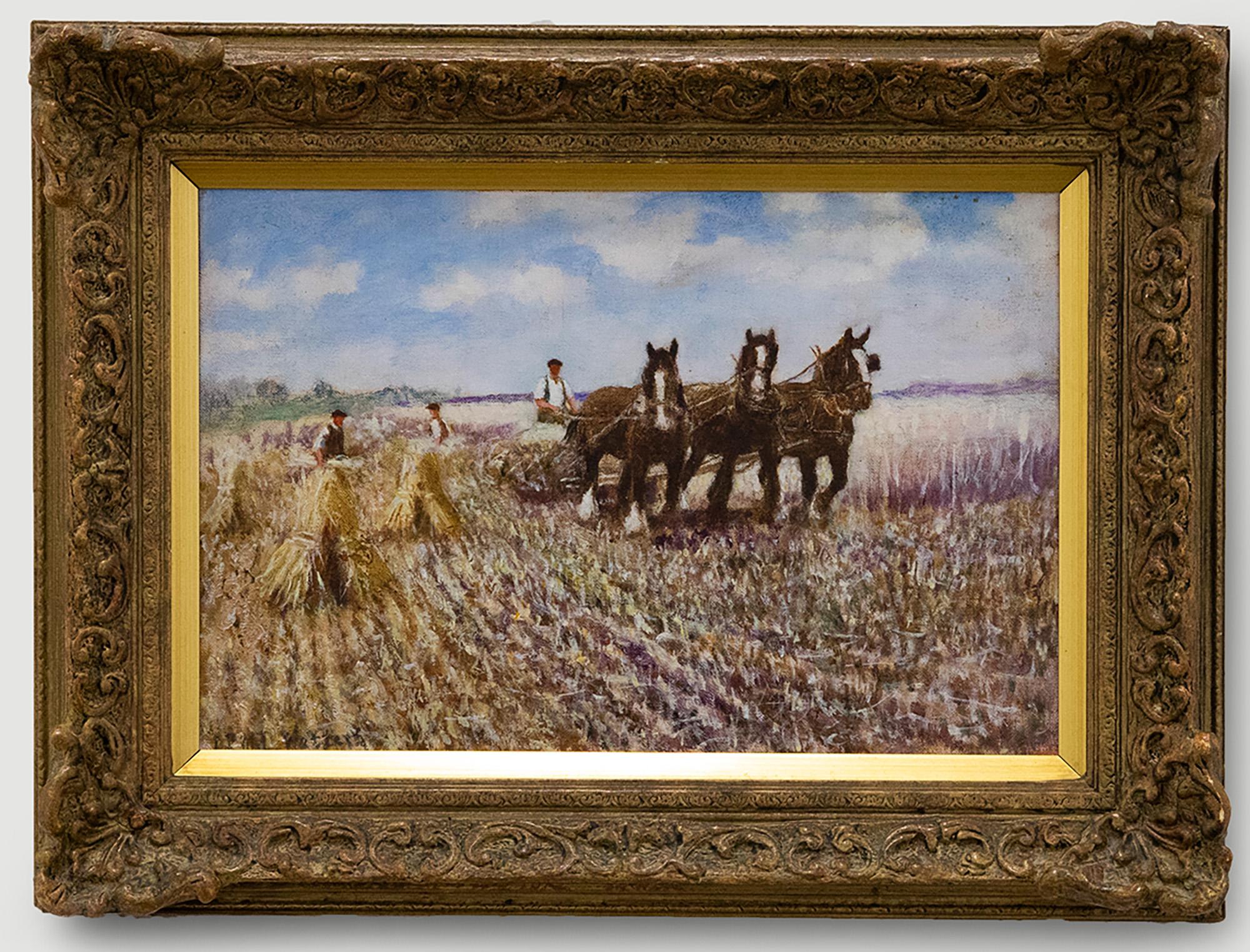 A charming country scene depicting farmers and plough horses making hay at harvest time. Signed to the lower right. Presented in an ornate gilt frame with foliate corner mouldings. On board.