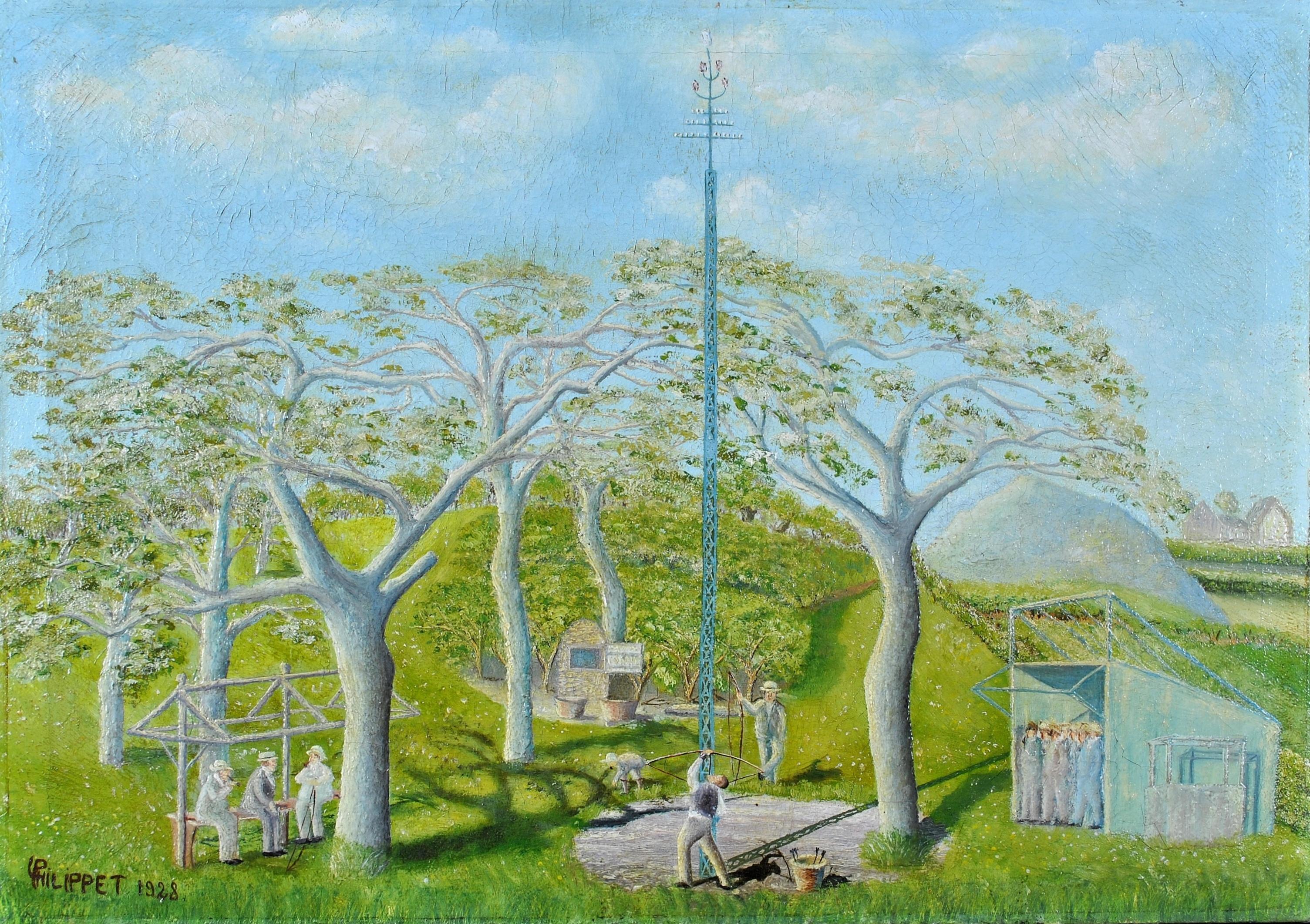 L. Phillipet Landscape Painting – Match im Bogenschießen - Frühes 20. Jahrhundert Französisch Antike Naïf Öl auf Leinwand Gemälde
