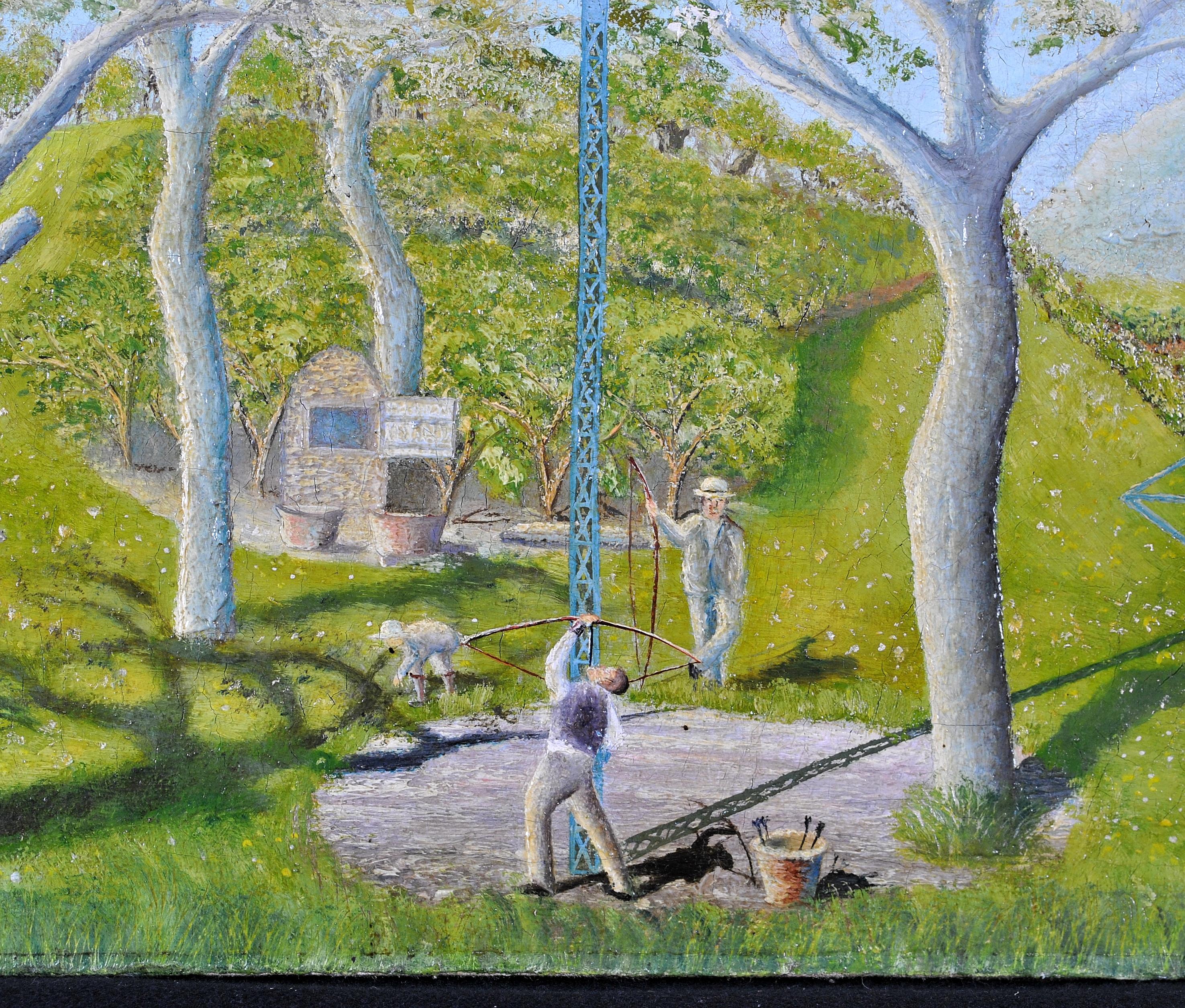 A beautiful signed and dated 1928 French naïf oil on canvas depicting an unusual archery match. The two competitors appear to be aiming at a target which is directly above their heads, watched by a number of pipe puffing spectators. Likely to be an