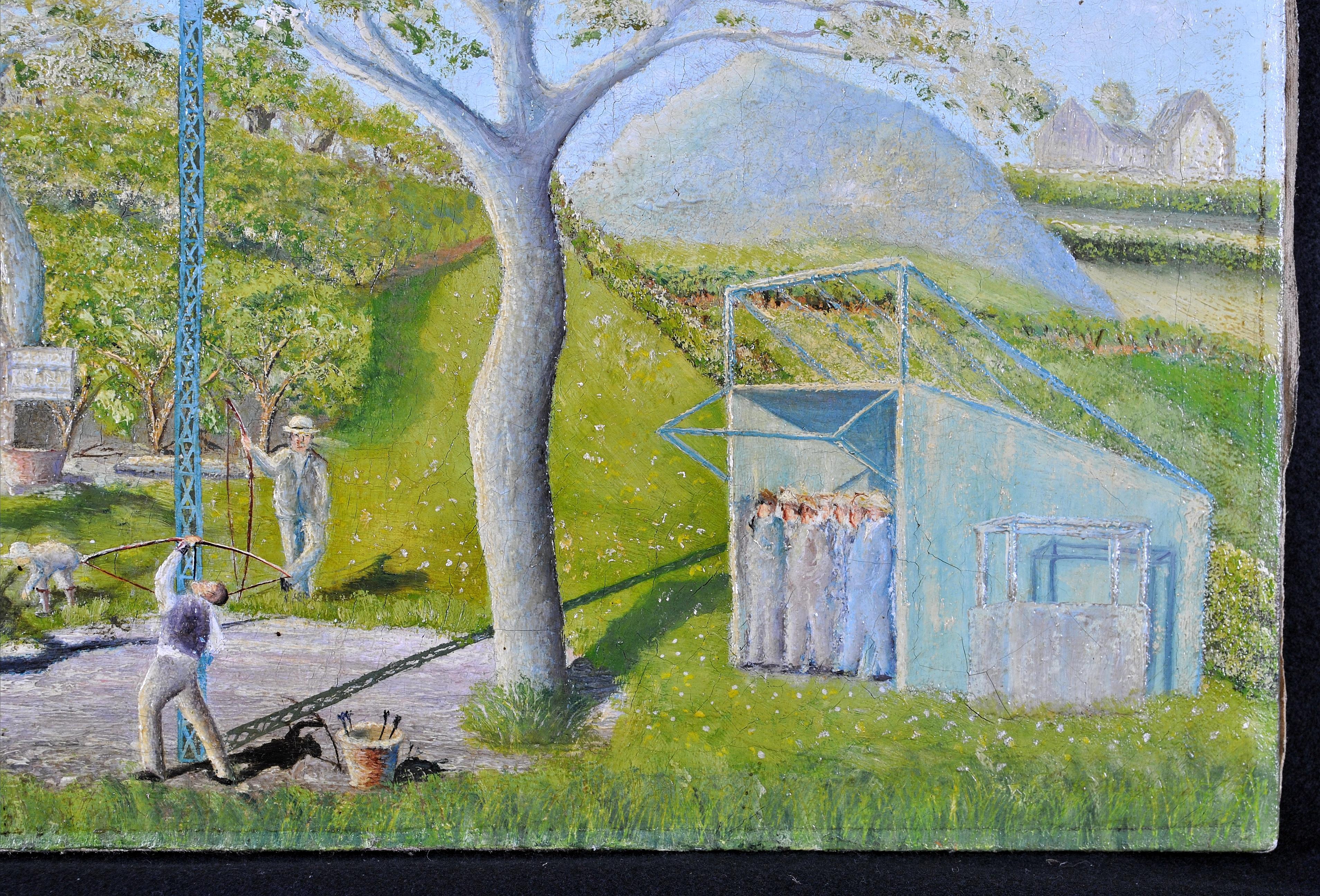 Match de tir à l'arc - Début du 20e siècle, peinture ancienne française à l'huile sur toile de Naïf en vente 1