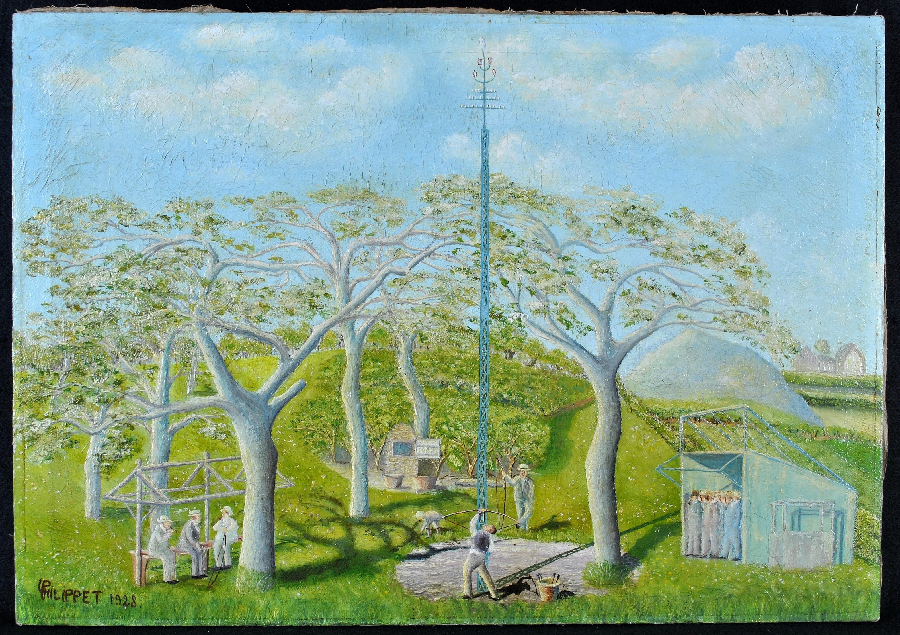Match de tir à l'arc - Début du 20e siècle, peinture ancienne française à l'huile sur toile de Naïf - Painting de L. Phillipet
