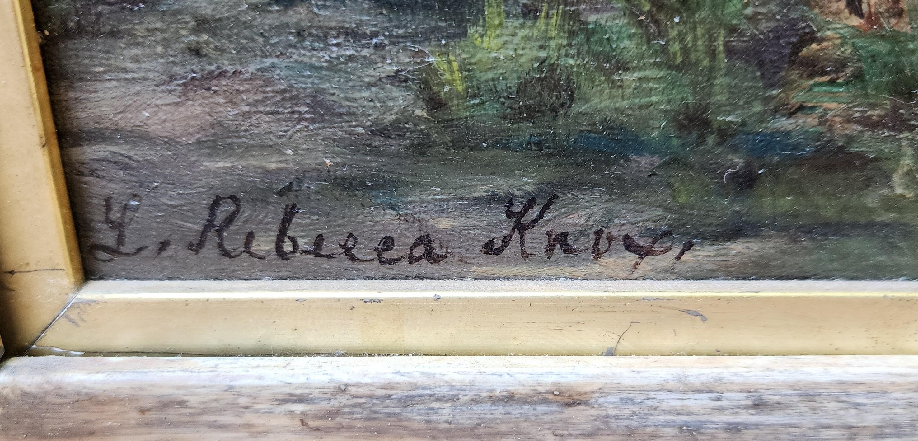 All'abbeveratoio, gregge di pecore, pastore, fine del XIX secolo - Painting di L. Rebecca Knox