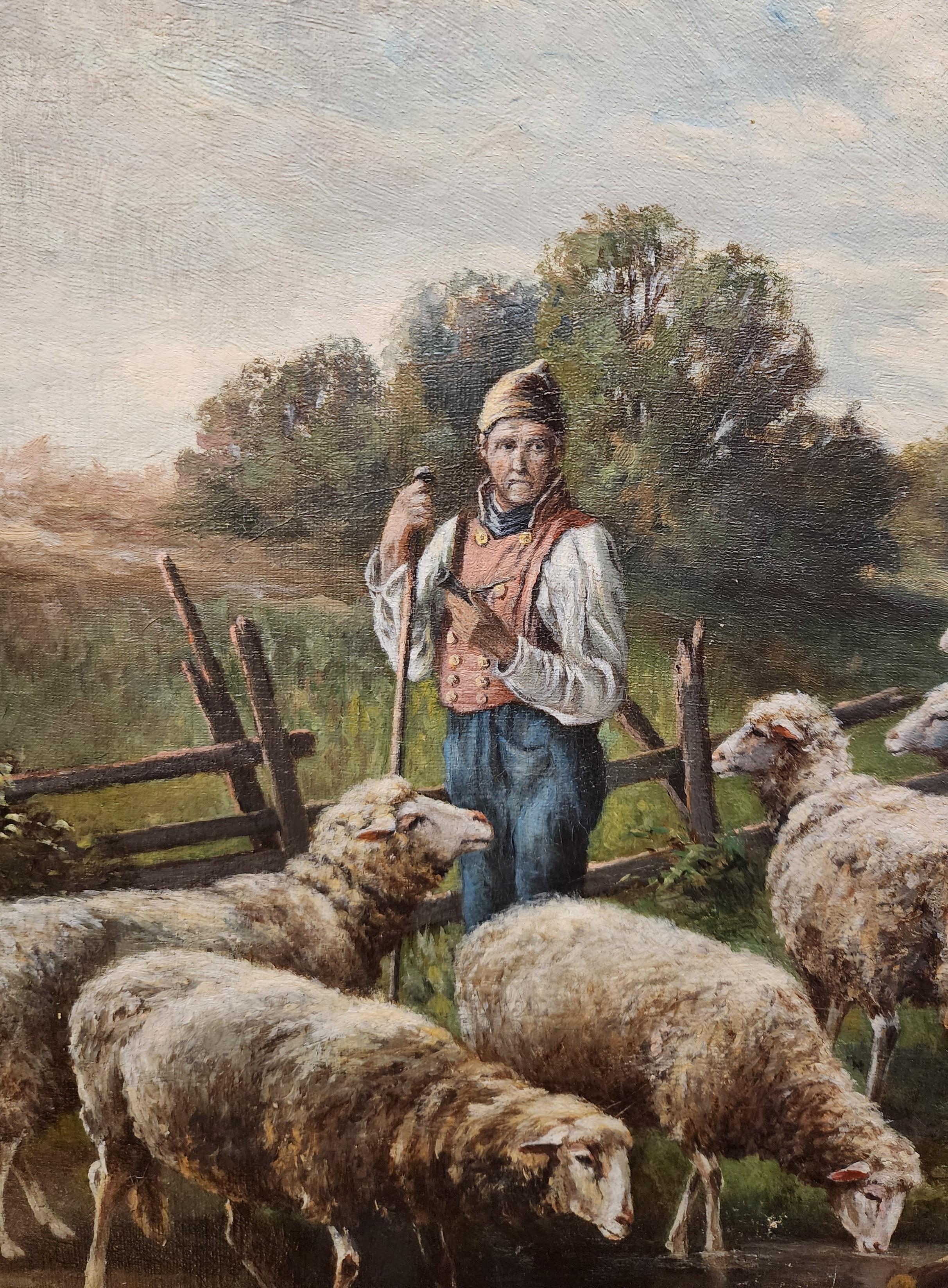 All'abbeveratoio, gregge di pecore, pastore, fine del XIX secolo in vendita 2