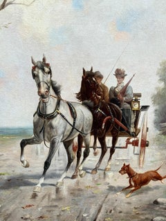 19th century Horse drawn carriage with terrier dog in a landscape with couple