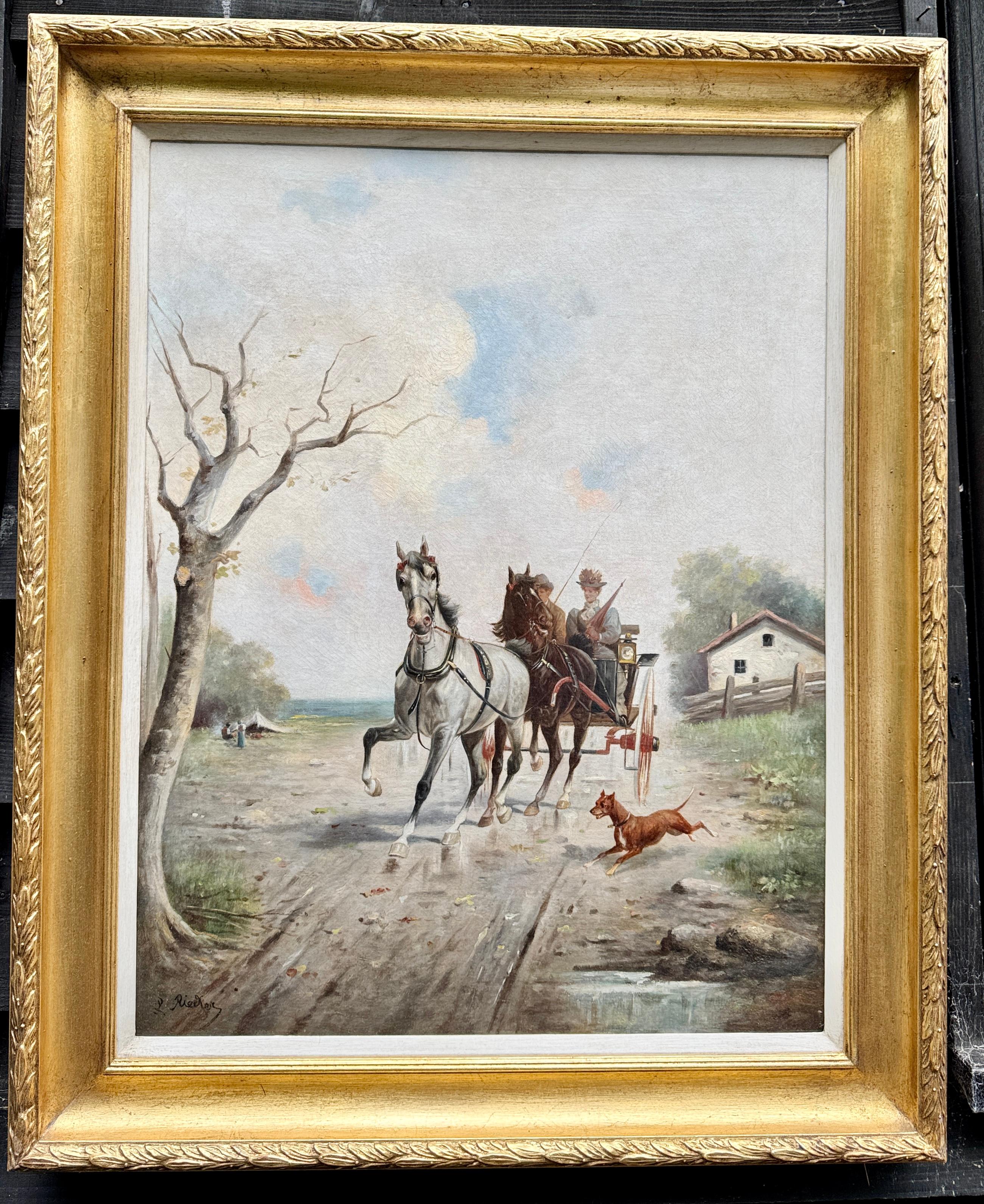 L Rieker Figurative Painting - 19th century Horse drawn carriage with terrier dog in a landscape with couple
