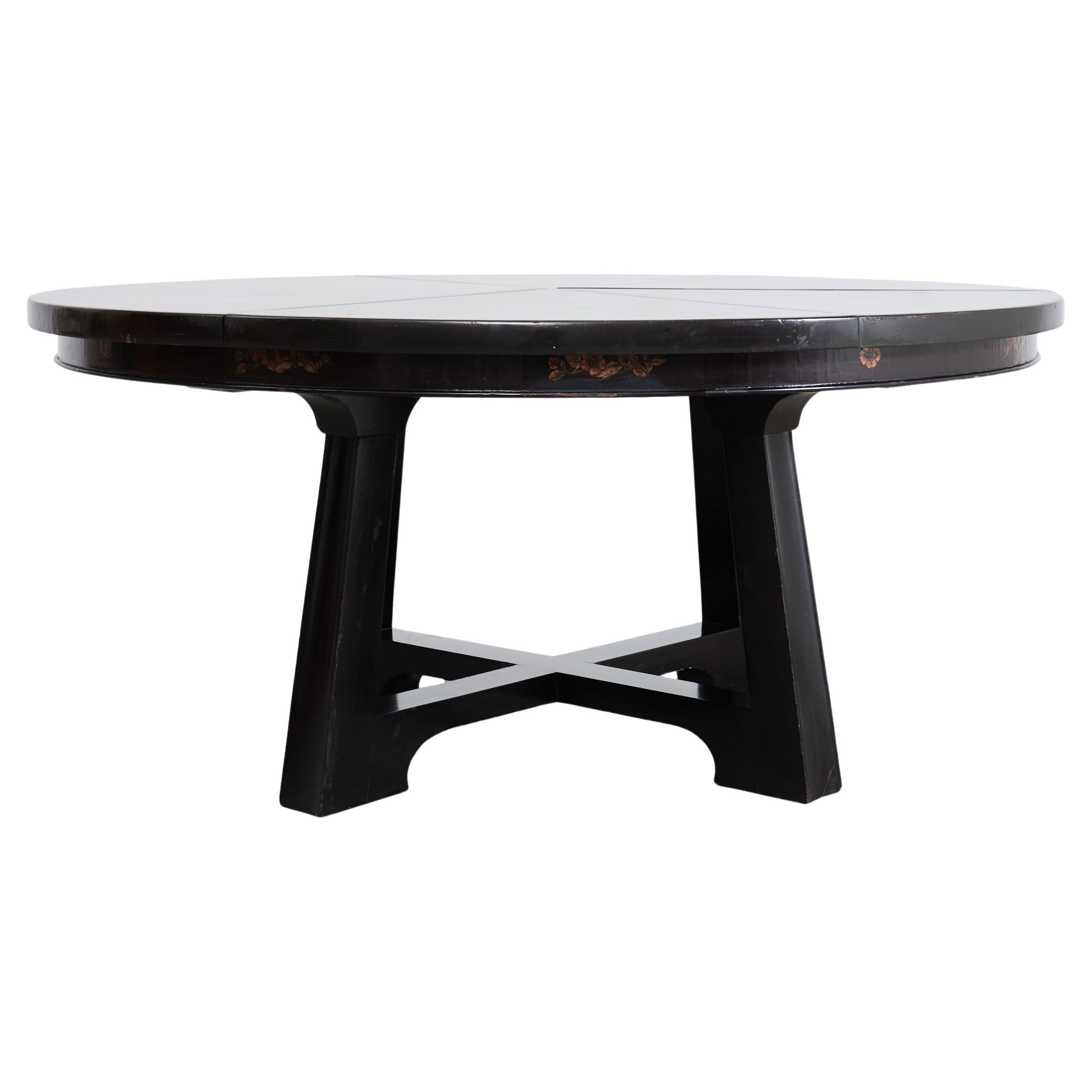 L. Rossi Expandable Round Chinoiserie Lacquered Dining Table 7 Ft