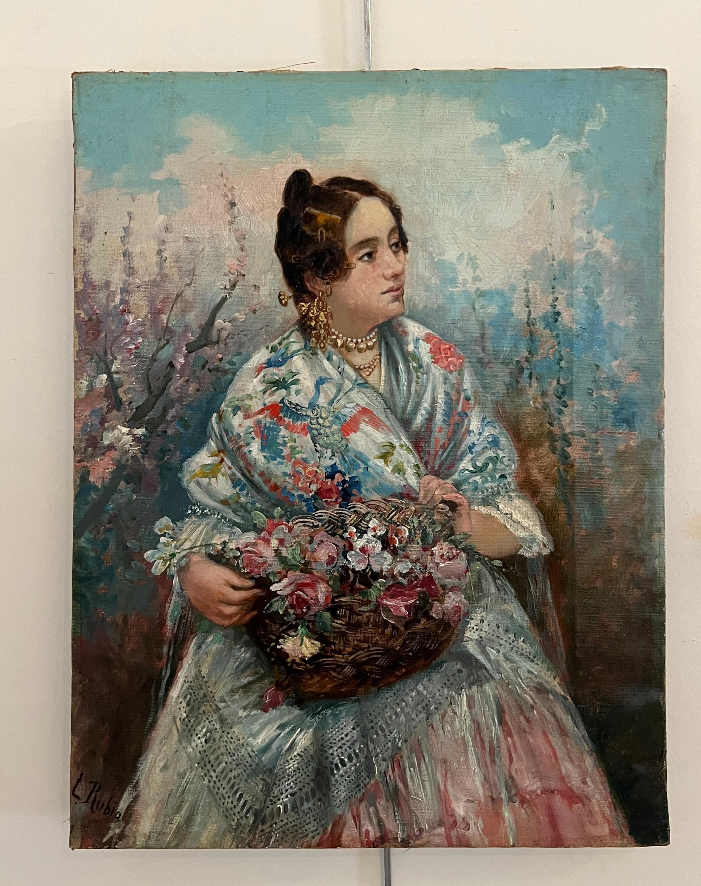Mujer joven con chal y cesta de flores - Painting de L.  Rubia