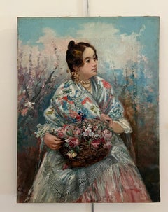 Young Woman with Shawl and Flower Basket, 20th Century Oil Painting
