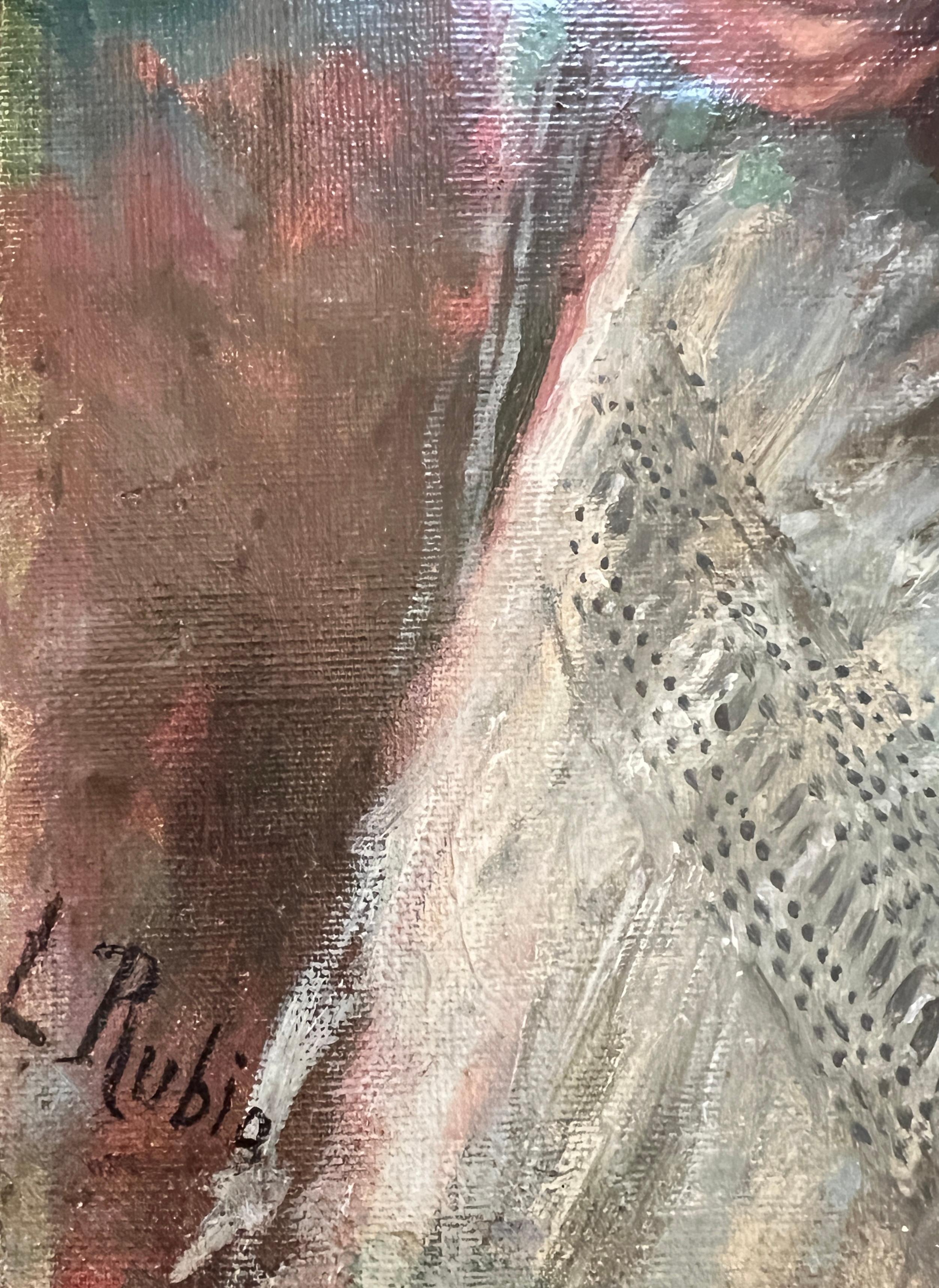 Mujer joven con chal y cesta de flores - Figurative Painting Gris de L.  Rubia