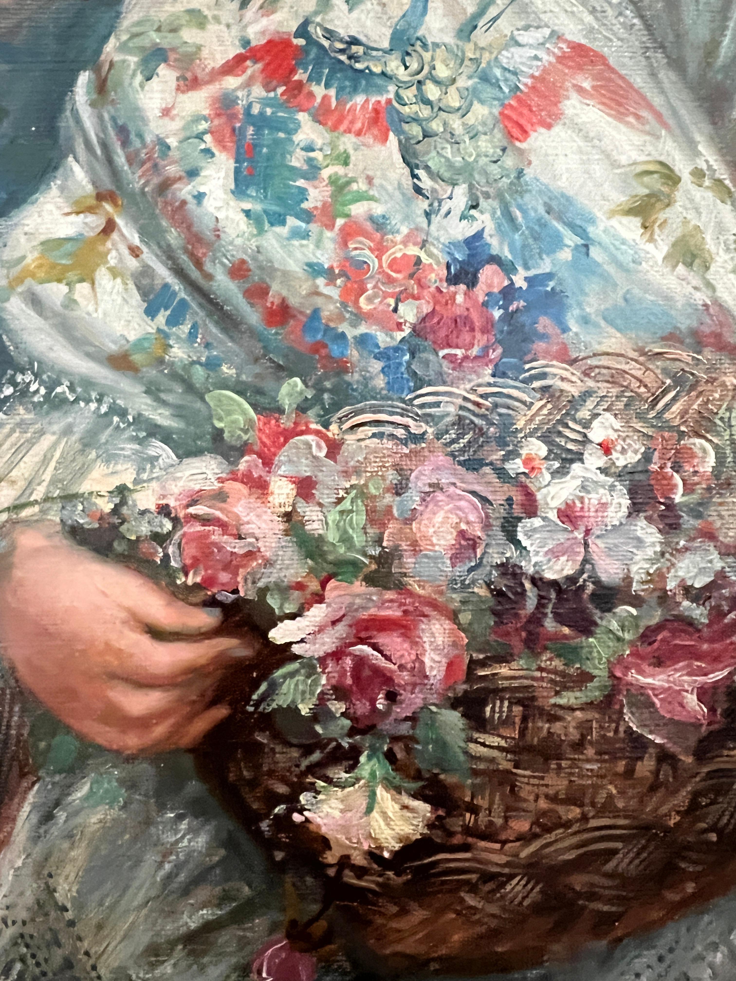 Mujer joven con chal y cesta de flores en venta 3