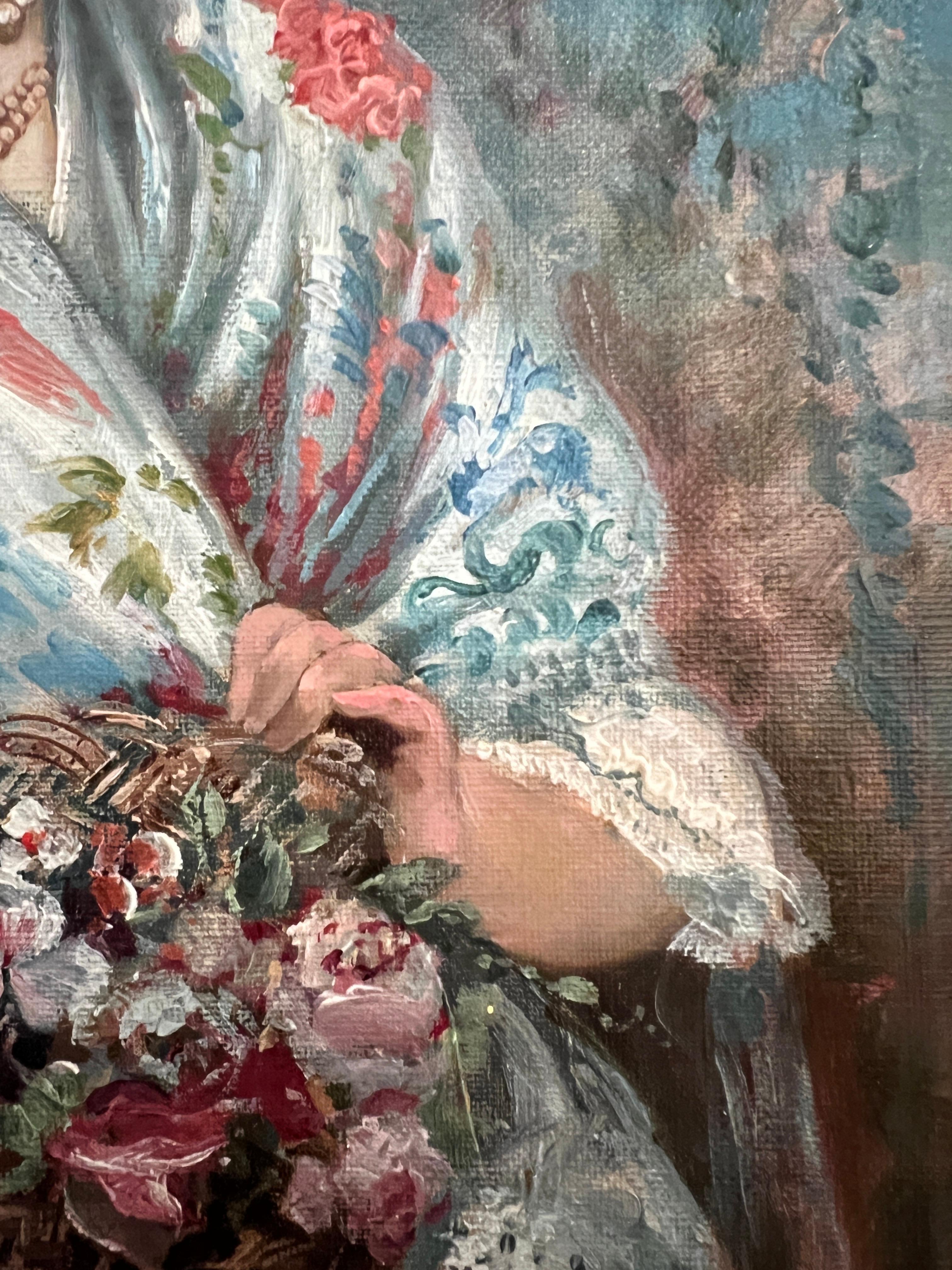 Mujer joven con chal y cesta de flores en venta 5