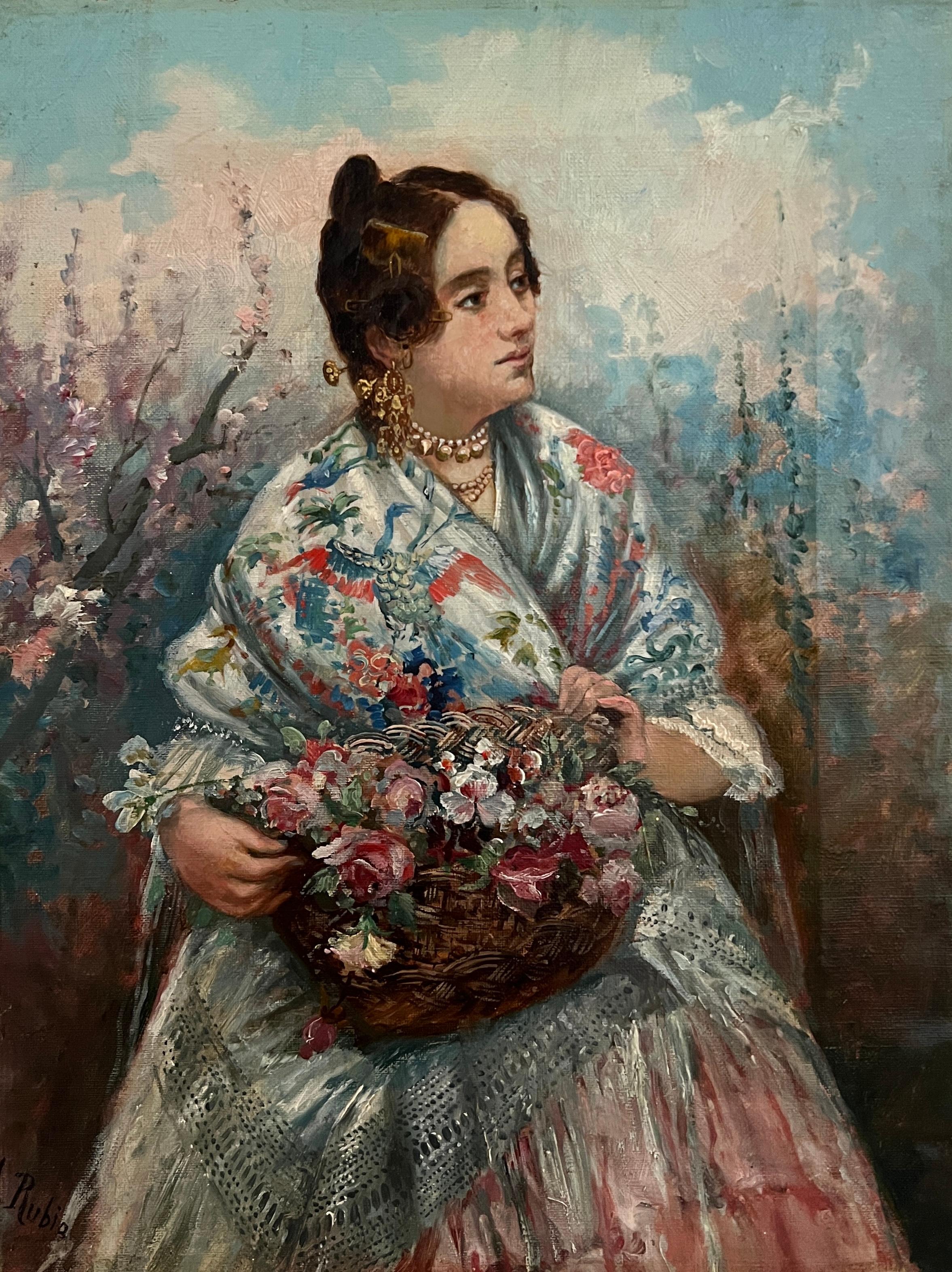 Figurative Painting de L.  Rubia - Mujer joven con chal y cesta de flores