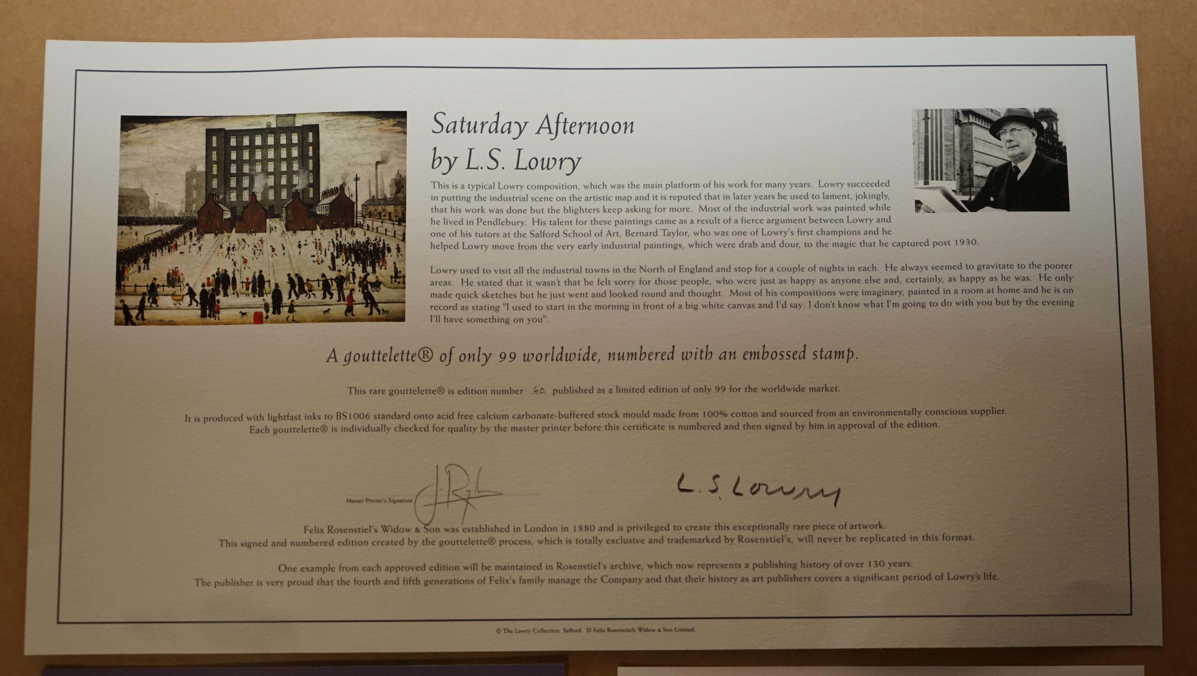 L S LOWRY SATURDAY AFTERNOON LIMITED EDITION PRINT 60/99 WiTH ALL DOCUMENTATION For Sale 10