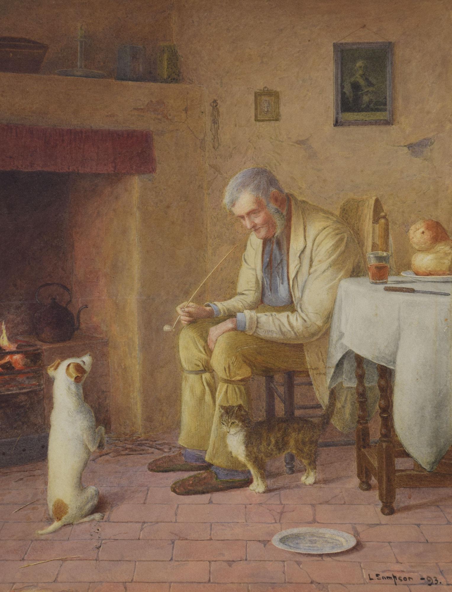 L Sampson signed watercolor, depicting a charming old man and his dog and cat around the open fire.
Dimensions:
Height 23 inches
Width 20 inches
Depth 1 inches.