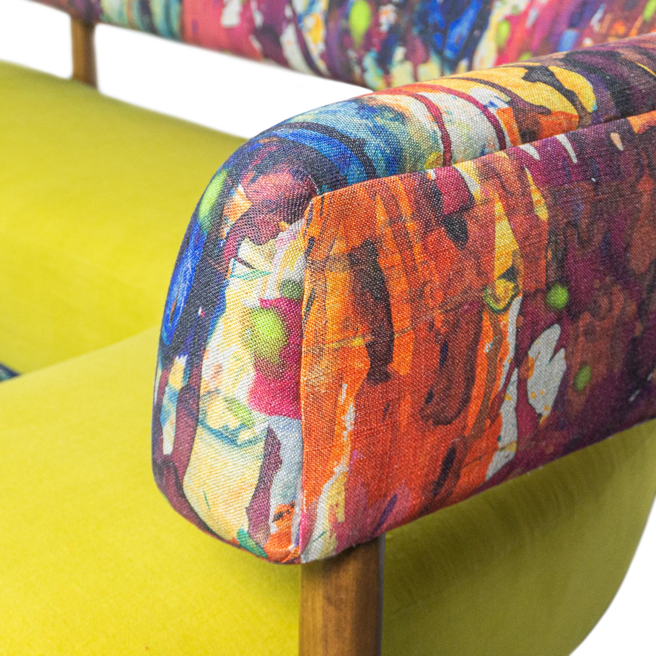 Banquette en forme de L avec lin aquarelle multicolore et lin jaune, personnalisable en vente 2