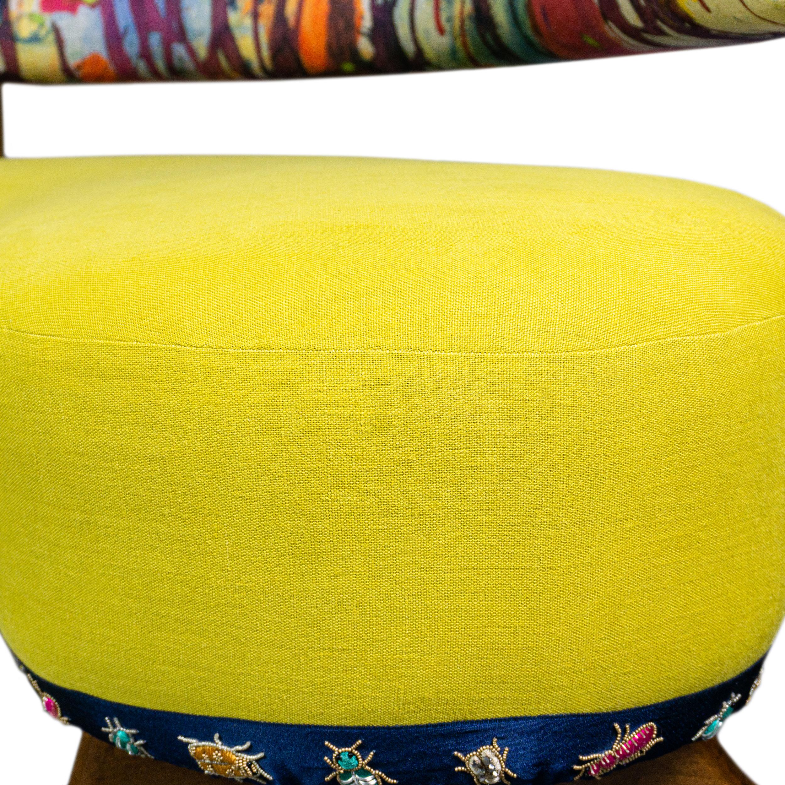 Banquette en forme de L avec lin aquarelle multicolore et lin jaune, personnalisable en vente 4