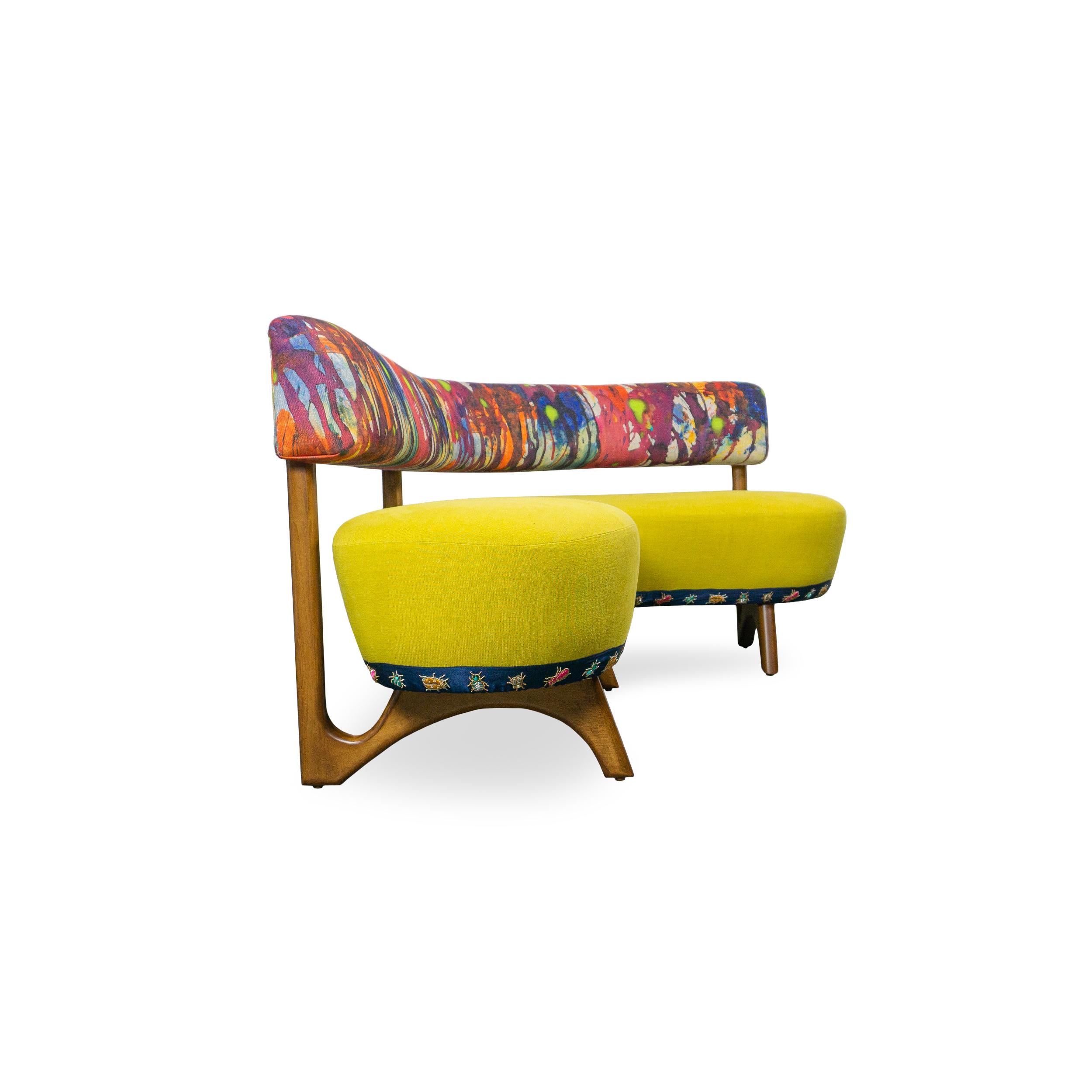 Tacheté Banquette en forme de L avec lin aquarelle multicolore et lin jaune, personnalisable en vente