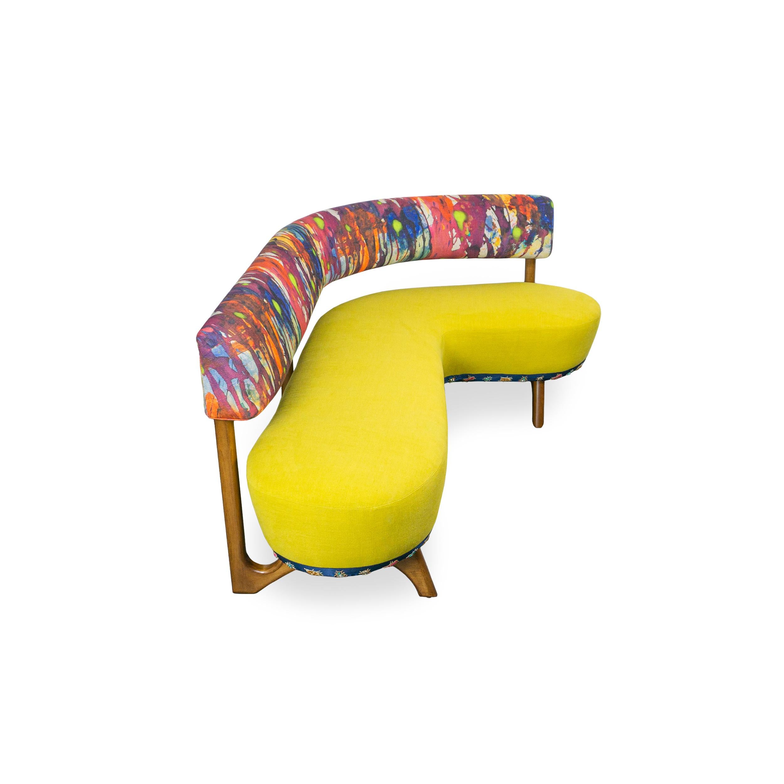 Banquette en forme de L avec lin aquarelle multicolore et lin jaune, personnalisable Neuf - En vente à Greenwich, CT