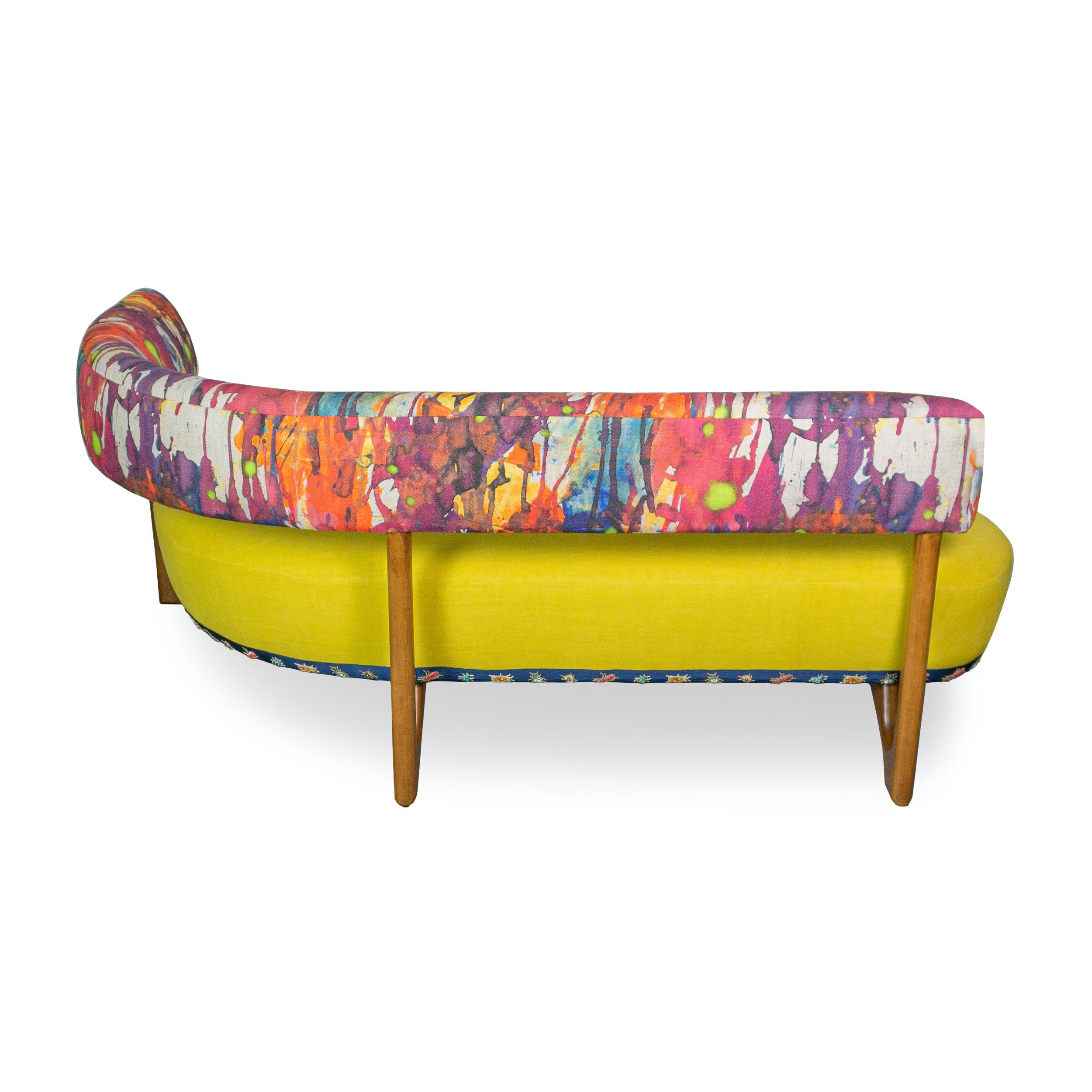 American L-Shaped Banquette w/ Multicolor Watercolor Linen + Yellow Linen, Customizable For Sale