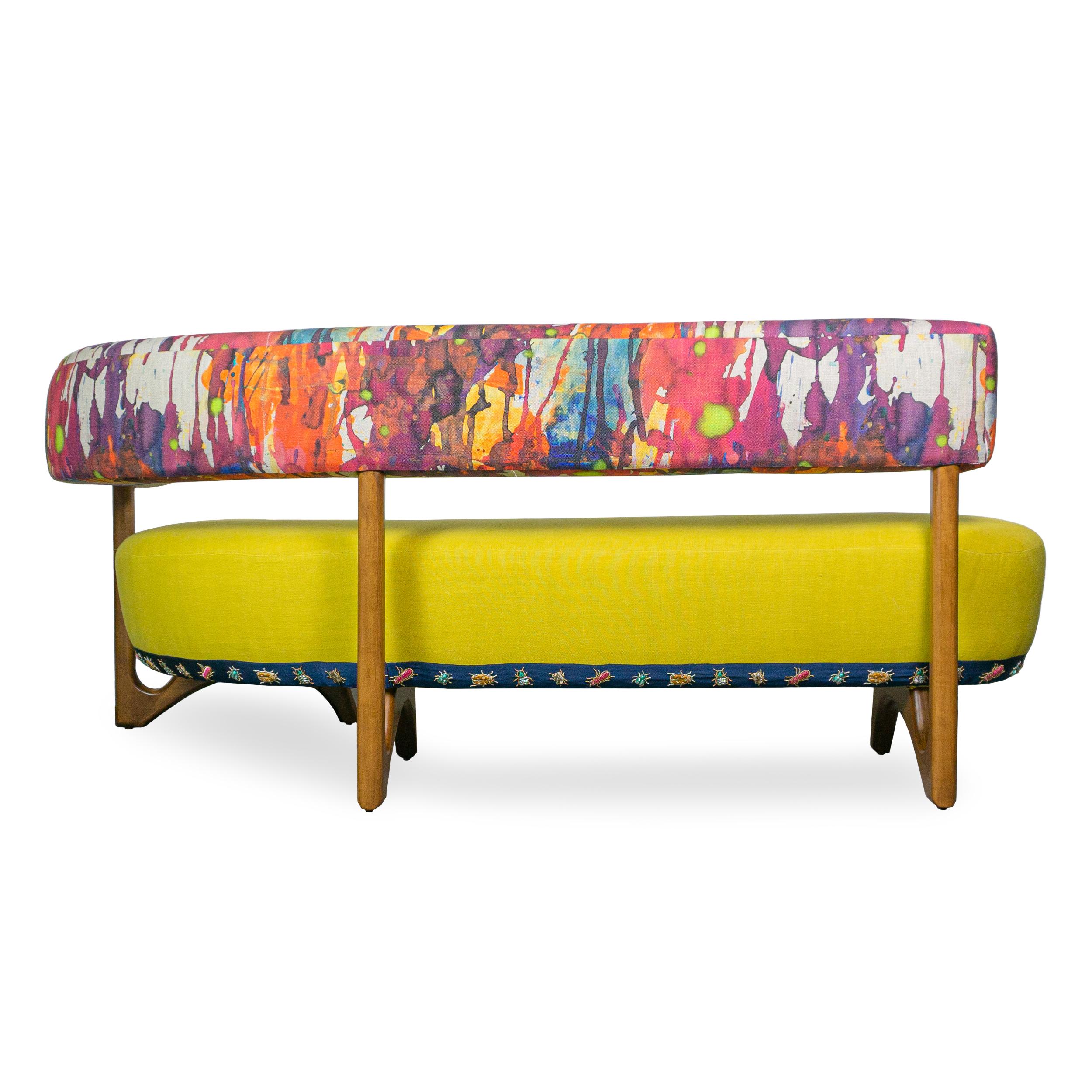 Stained L-Shaped Banquette w/ Multicolor Watercolor Linen + Yellow Linen, Customizable For Sale