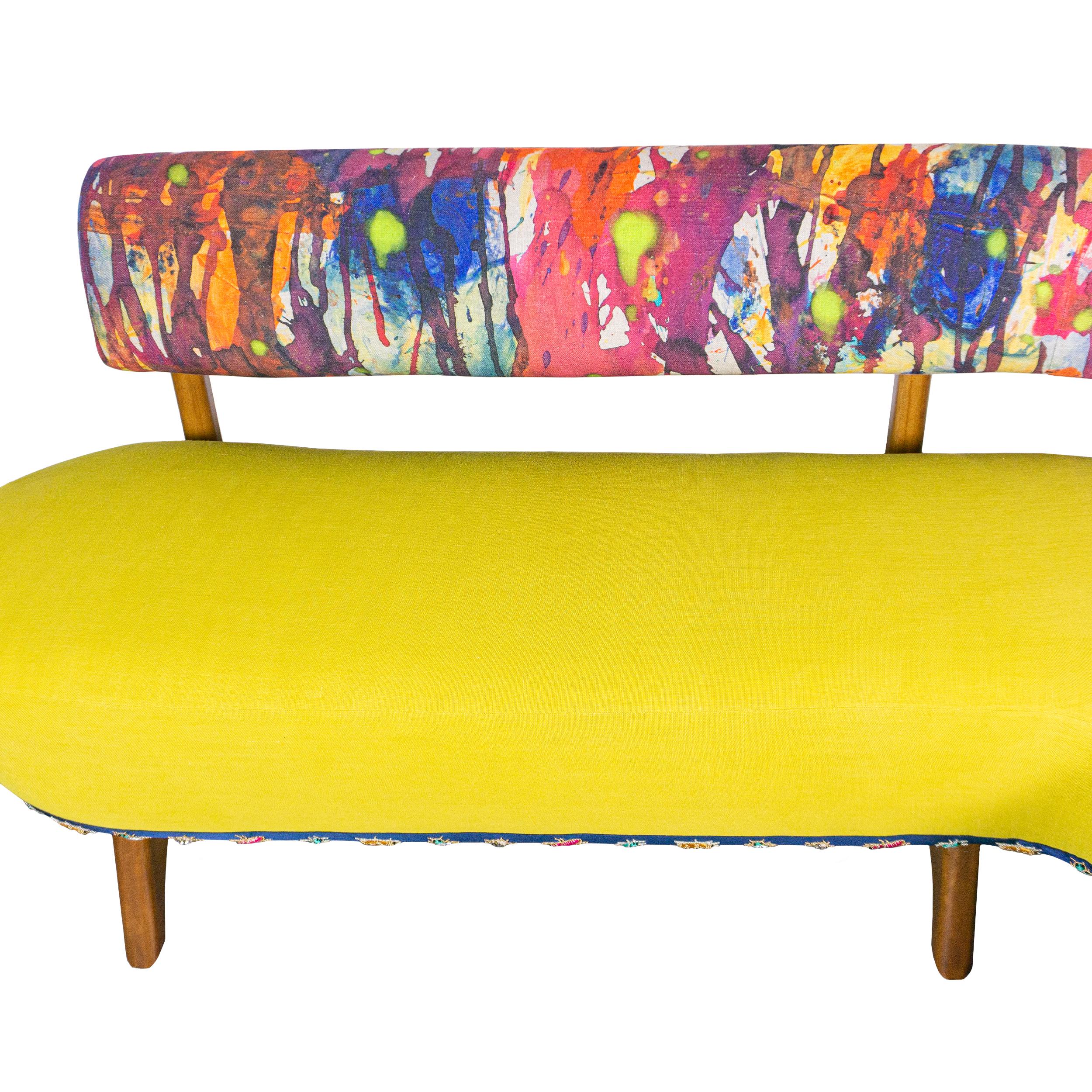 Banquette en forme de L avec lin aquarelle multicolore et lin jaune, personnalisable en vente 1