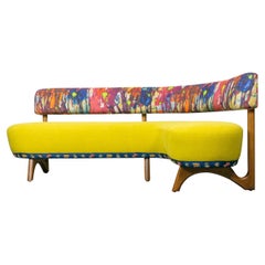 Banquette en forme de L avec lin aquarelle multicolore et lin jaune, personnalisable