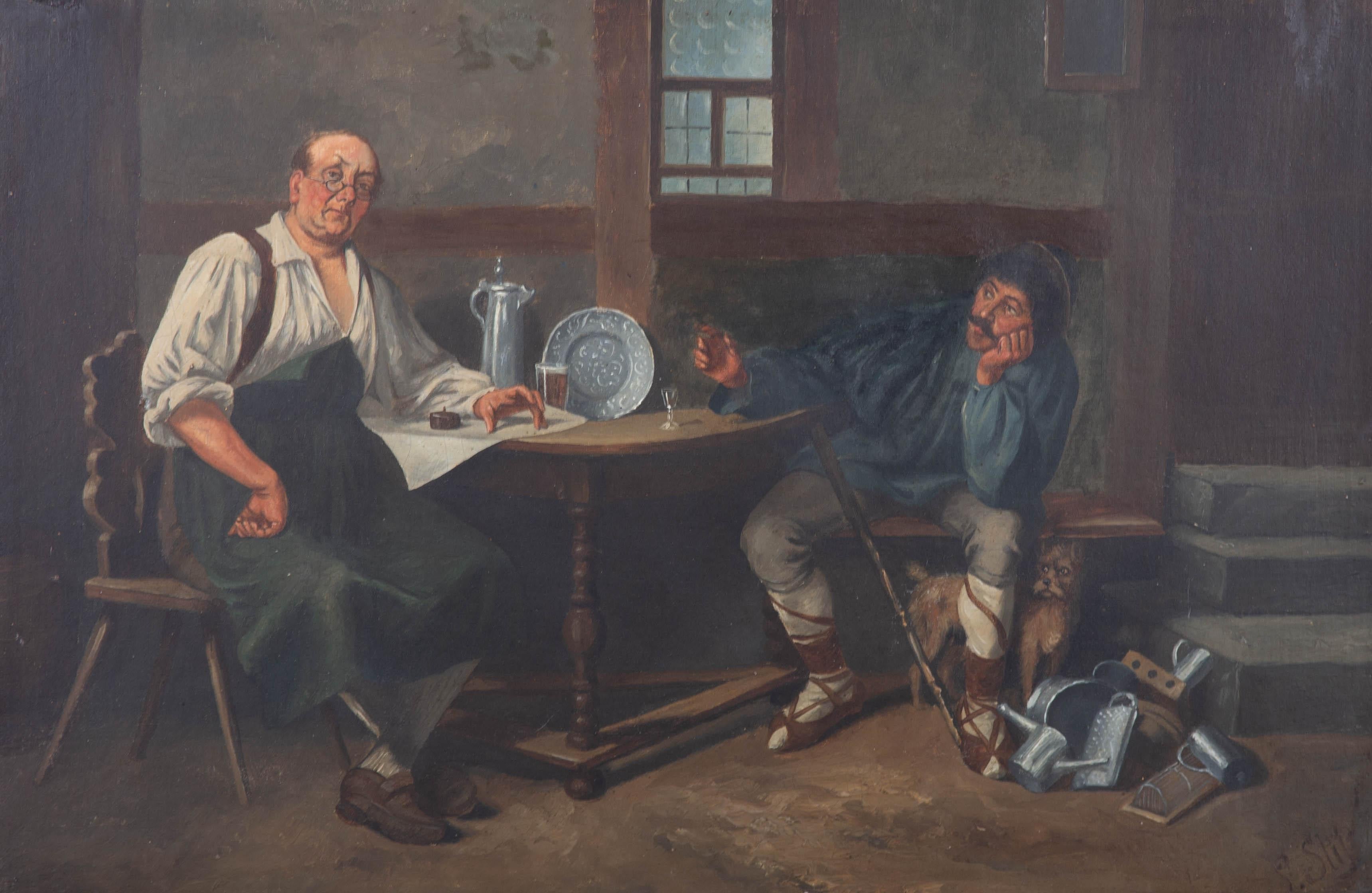 An interior scene in an inn with a man peddling his pewter and silverware to the innkeeper. The latter figure engages the viewer in eye contact with a sceptical expression while a suspicious terrier watches on nearby. Presented in a wooden frame.