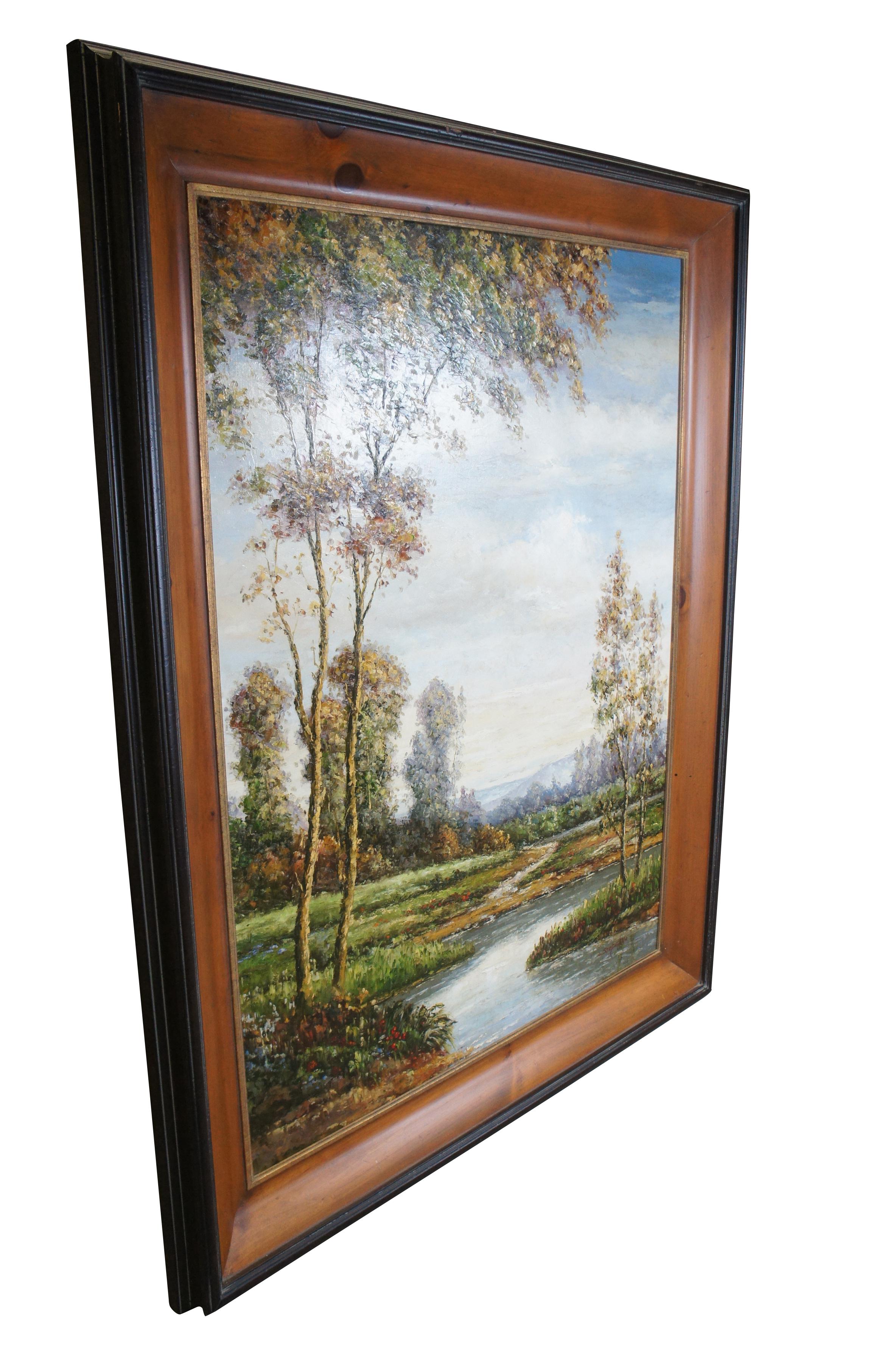 A large and impressive vintage L Stephano Impressionist / Barbizon style landscape oil painting on canvas featuring a river runing through a picturesque countryside.  Framed in ebonized pine frame.

L. Stephano whom was born October 4, 1948 in