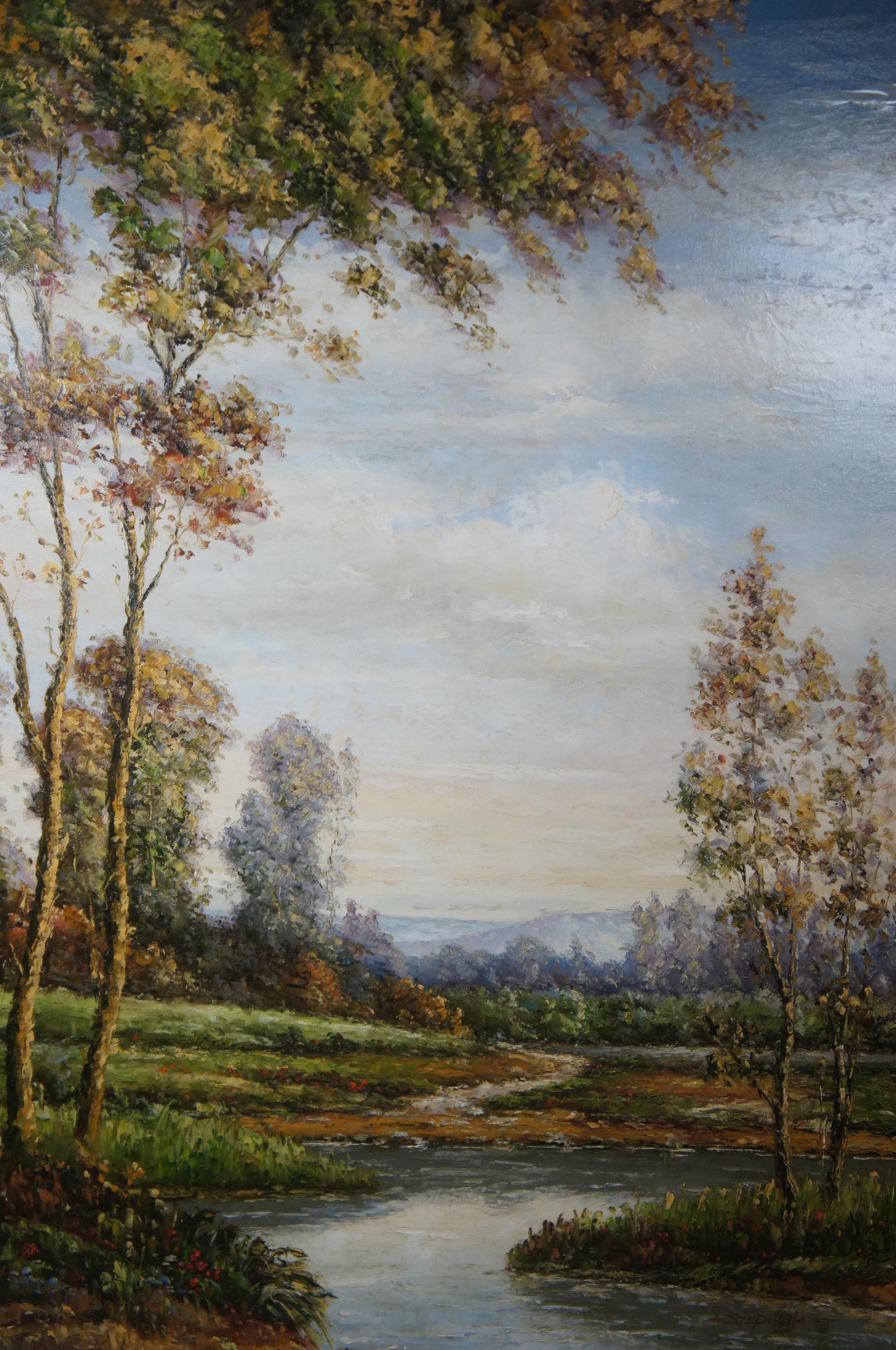 Peinture à l'huile sur toile impressionniste de L Stephano Barbizon - Paysage fluvial 58