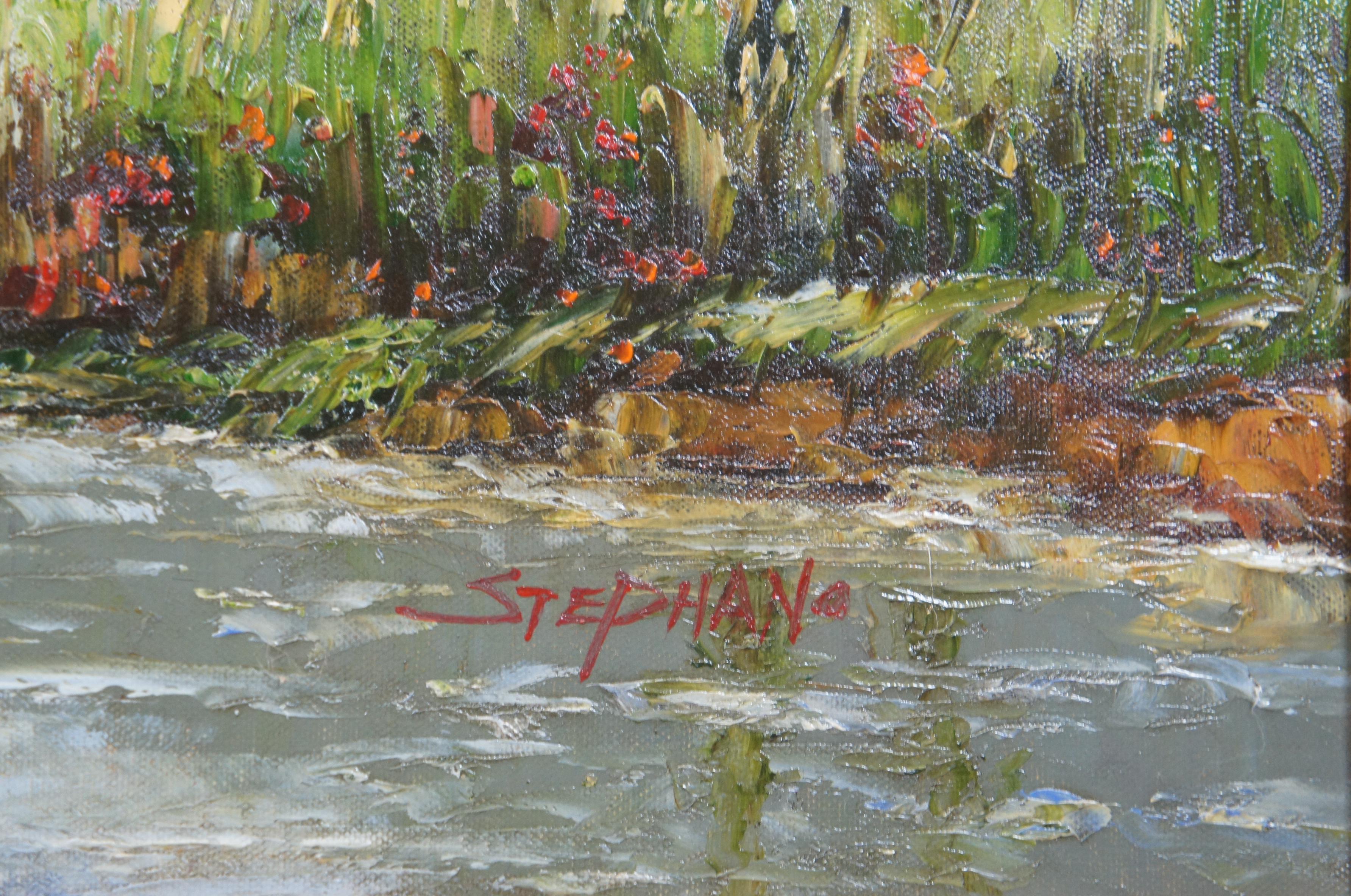20ième siècle Peinture à l'huile sur toile impressionniste de L Stephano Barbizon - Paysage fluvial 58