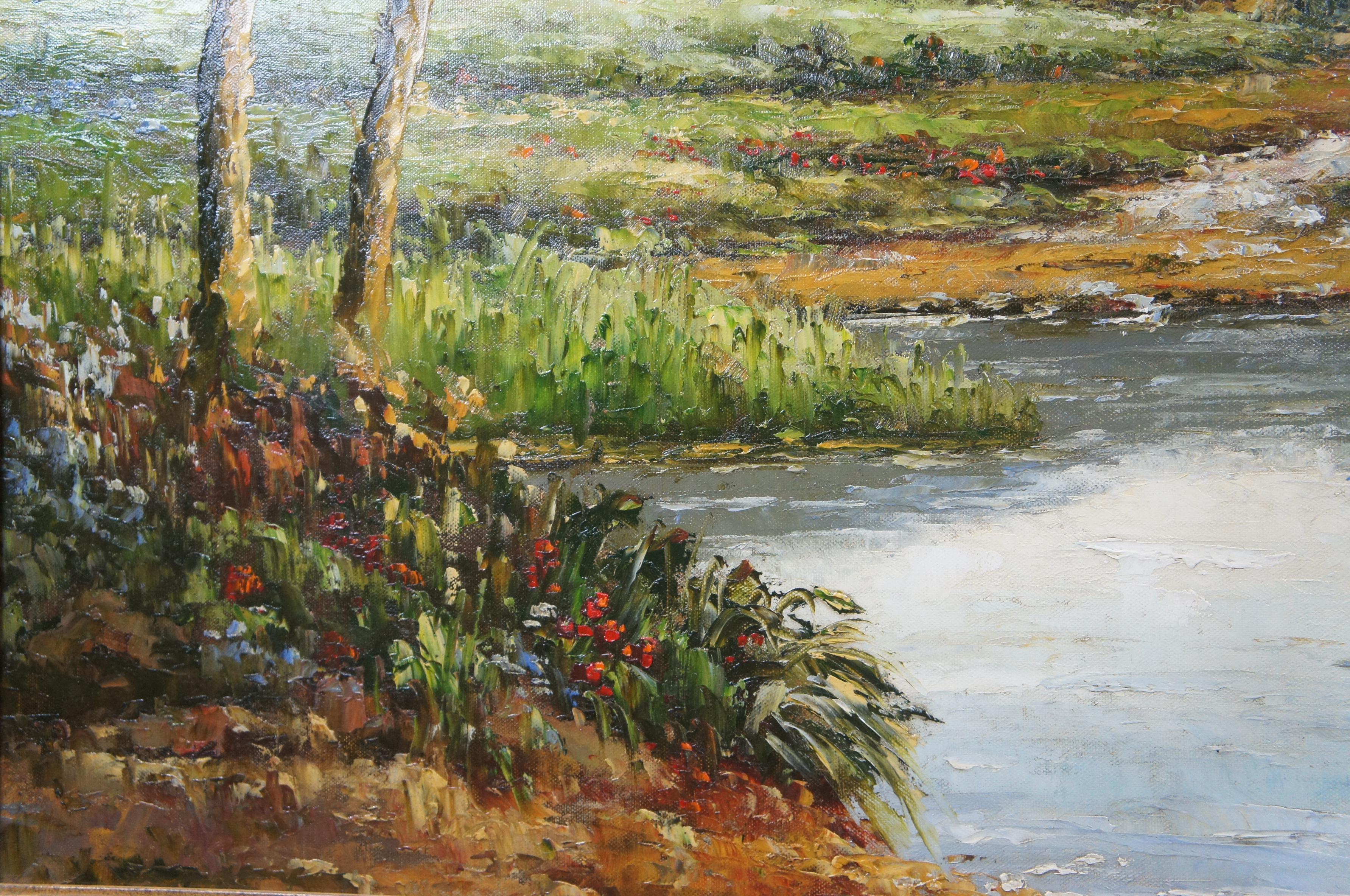 Toile Peinture à l'huile sur toile impressionniste de L Stephano Barbizon - Paysage fluvial 58